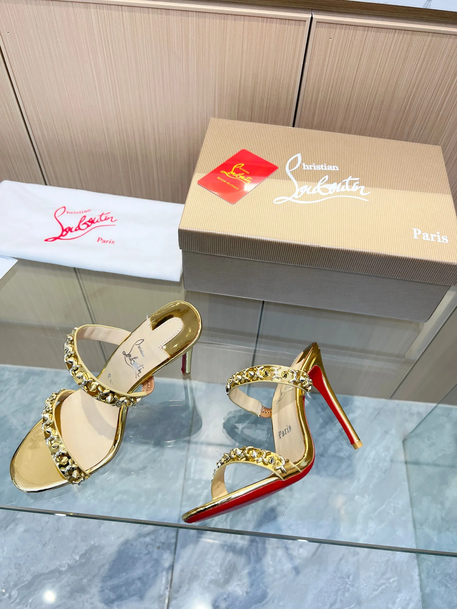 LOUBOUTIN Sandals Metal Crystal Leather Gold-Red EU35-39 B60202609110024 - Image 7