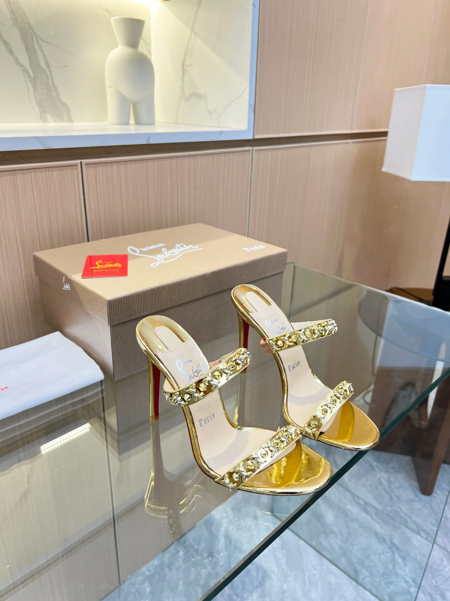 LOUBOUTIN Sandals Metal Crystal Leather Gold-Red EU35-39 B60202609110024 - Image 8