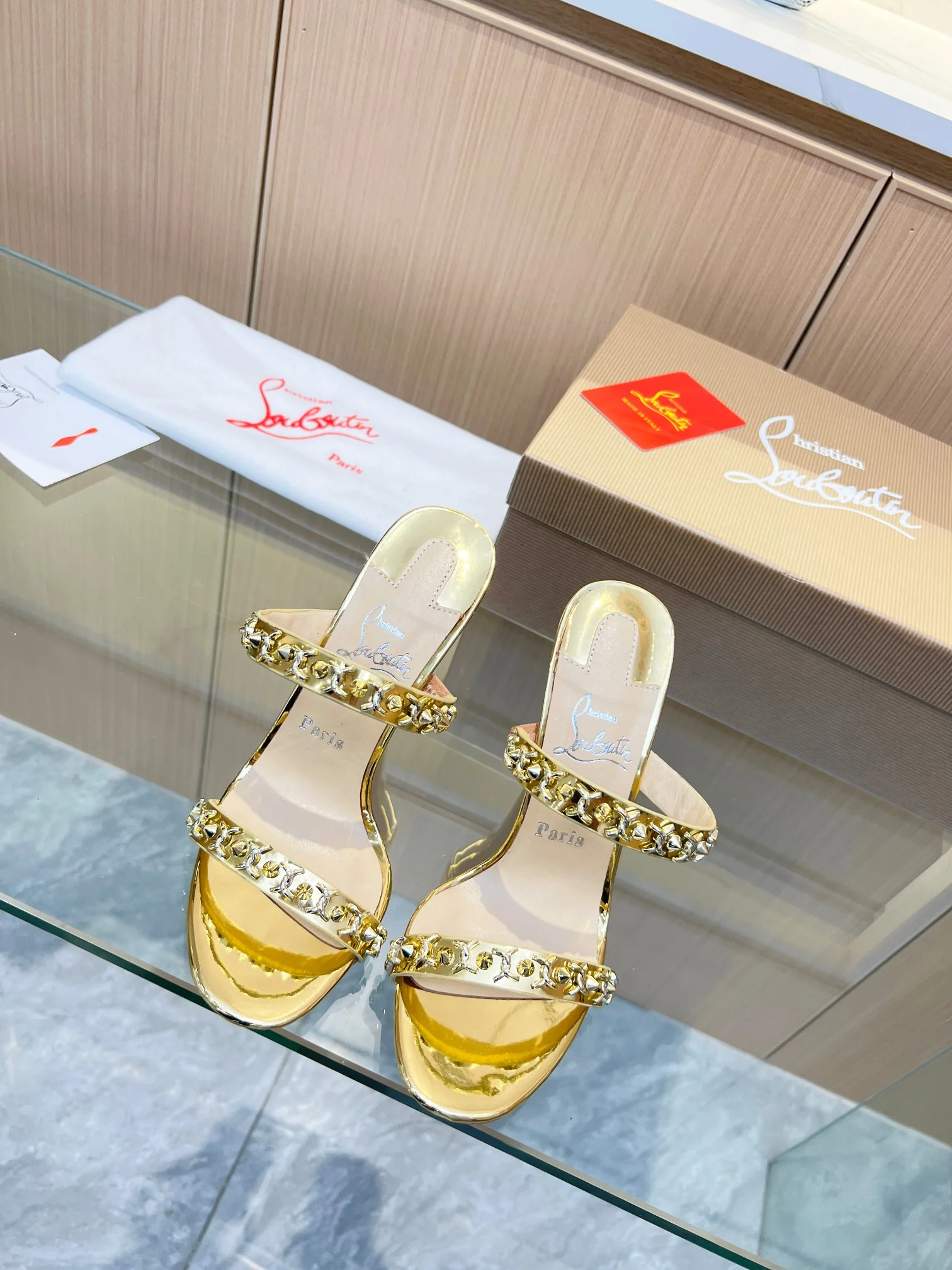 LOUBOUTIN Sandals Metal Crystal Leather Gold-Red EU35-39 B60202609110024 - Image 9