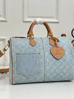 LV Shoulder Bags Denim Leather Blue-Tan 34X22X19CM E90202609090364