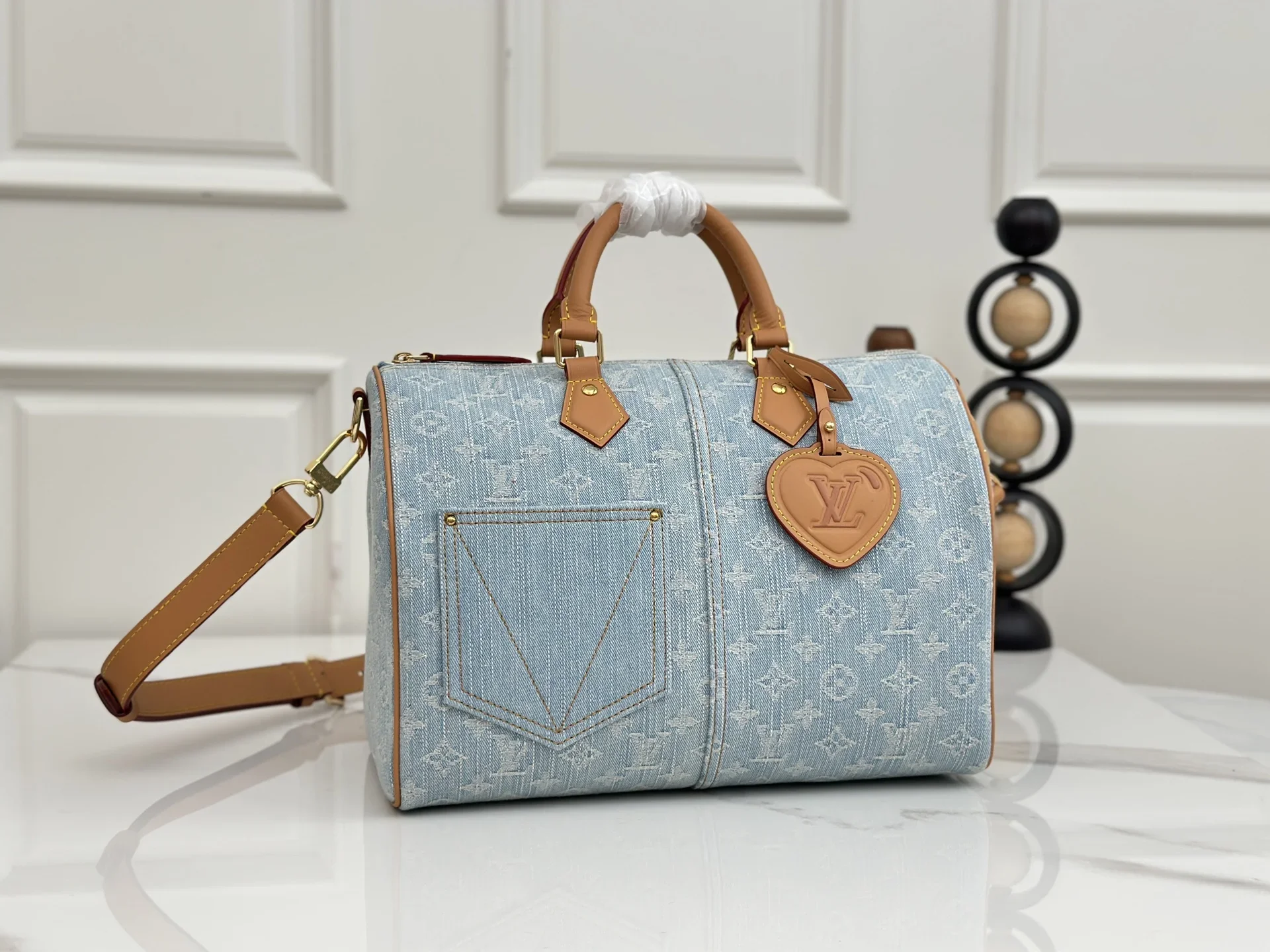 LV Shoulder Bags Denim Leather Blue-Tan 34X22X19CM E90202609090364