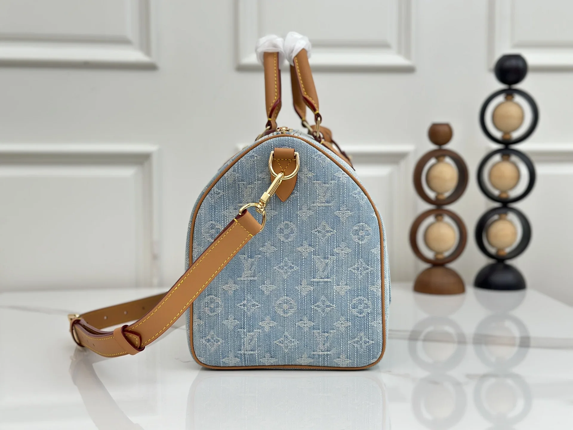 LV Shoulder Bags Denim Leather Blue-Tan 34X22X19CM E90202609090364 - Image 2