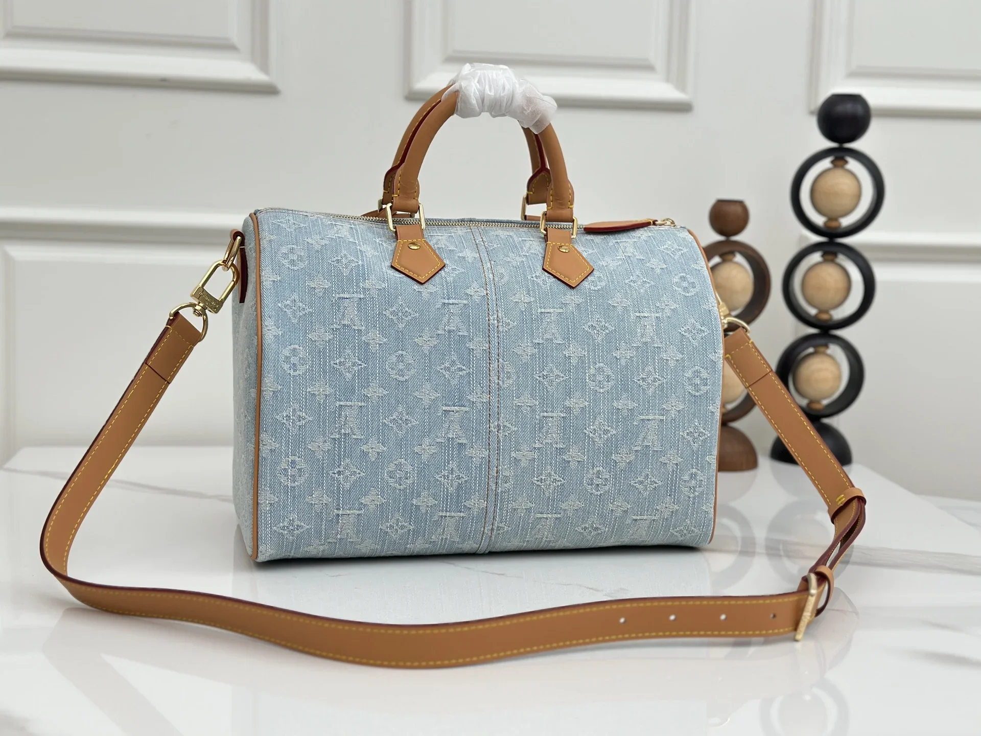 LV Shoulder Bags Denim Leather Blue-Tan 34X22X19CM E90202609090364 - Image 3