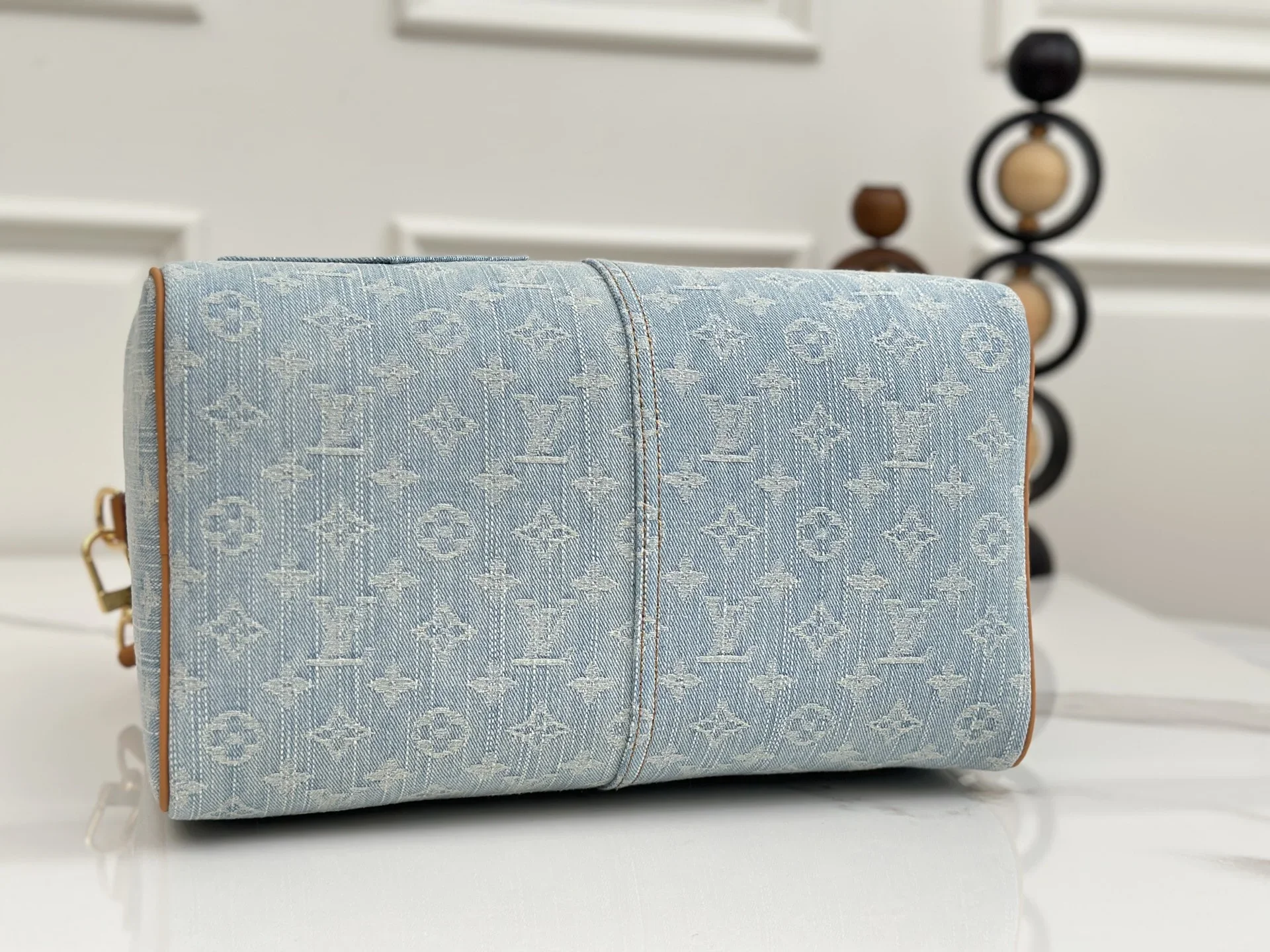 LV Shoulder Bags Denim Leather Blue-Tan 34X22X19CM E90202609090364 - Image 4