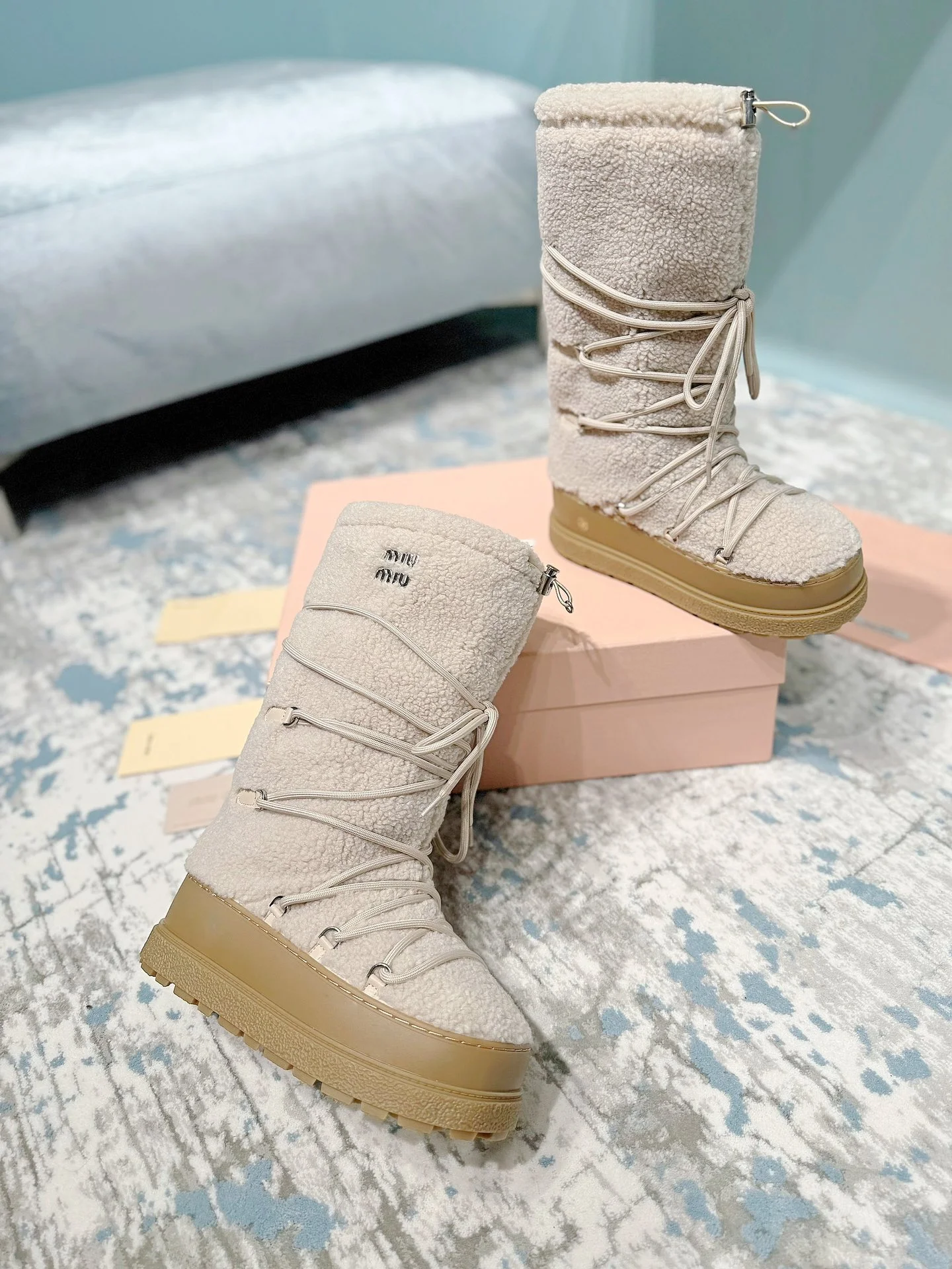 MIU MIU Boots Nylon Fur Beige-Tan EU35-40 C60202609110243 - Image 4