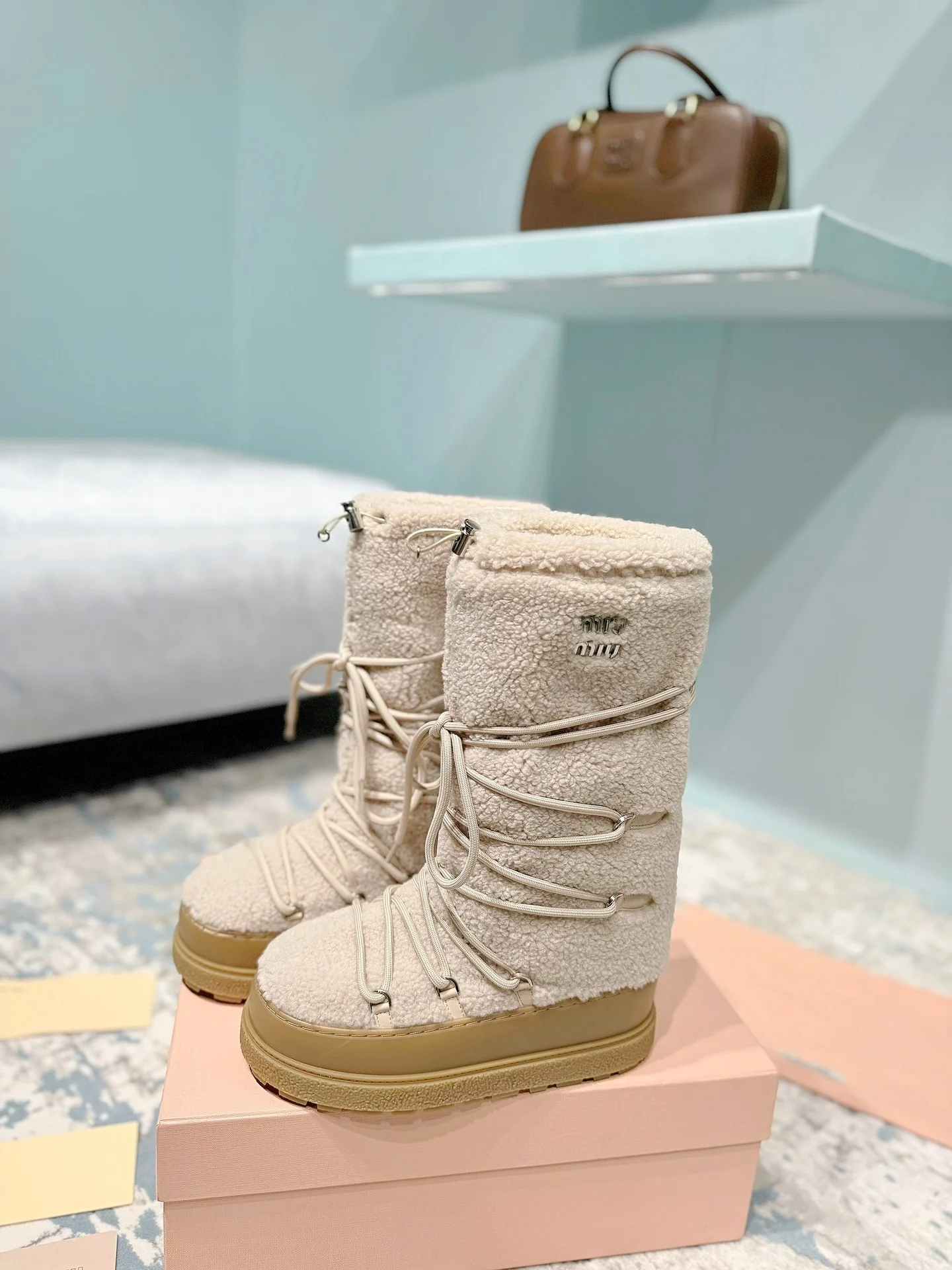 MIU MIU Boots Nylon Fur Beige-Tan EU35-40 C60202609110243 - Image 5