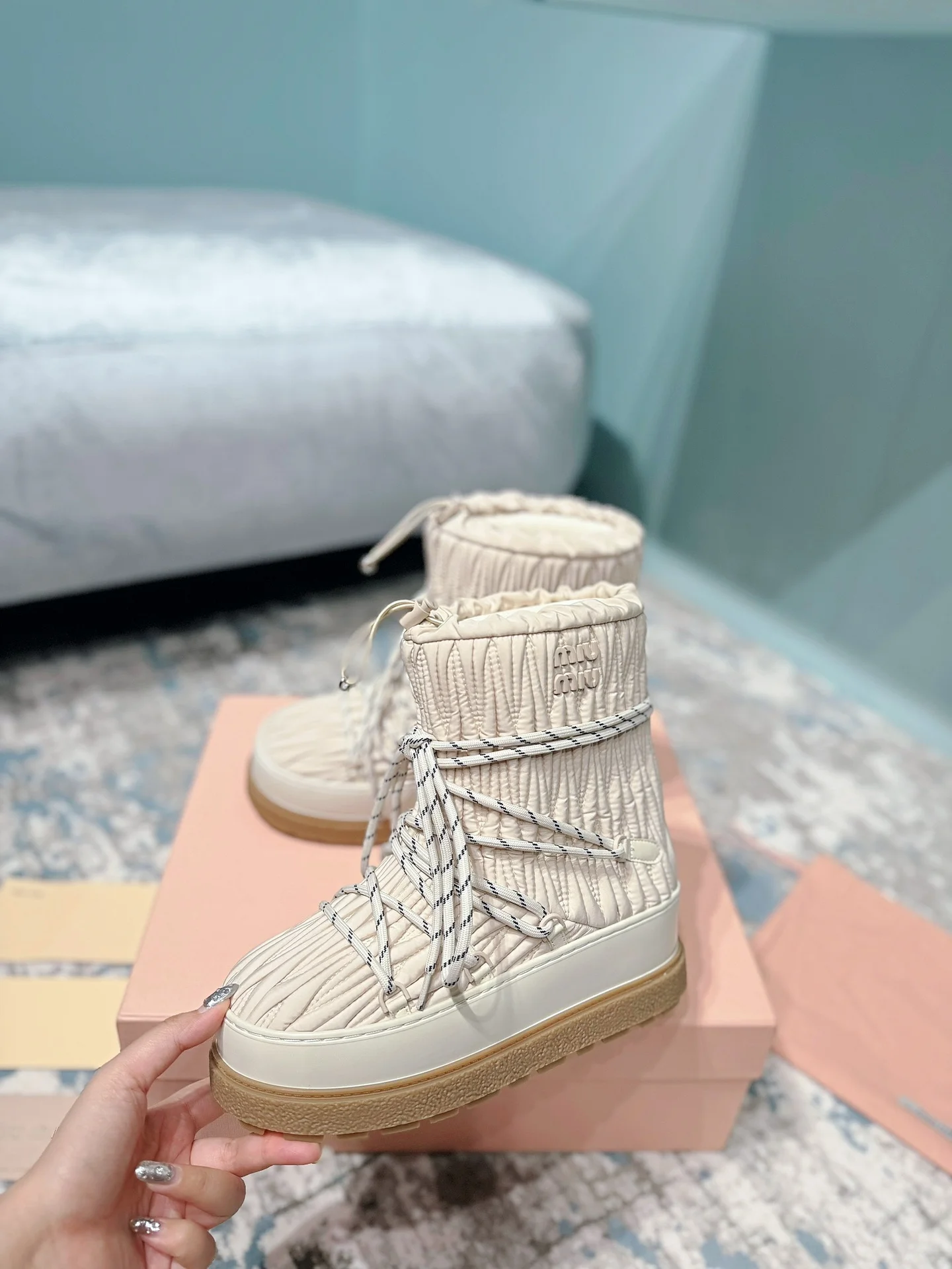 MIU MIU Boots Nylon Fur Cream-Black EU35-40 C40202609110240 - Image 4