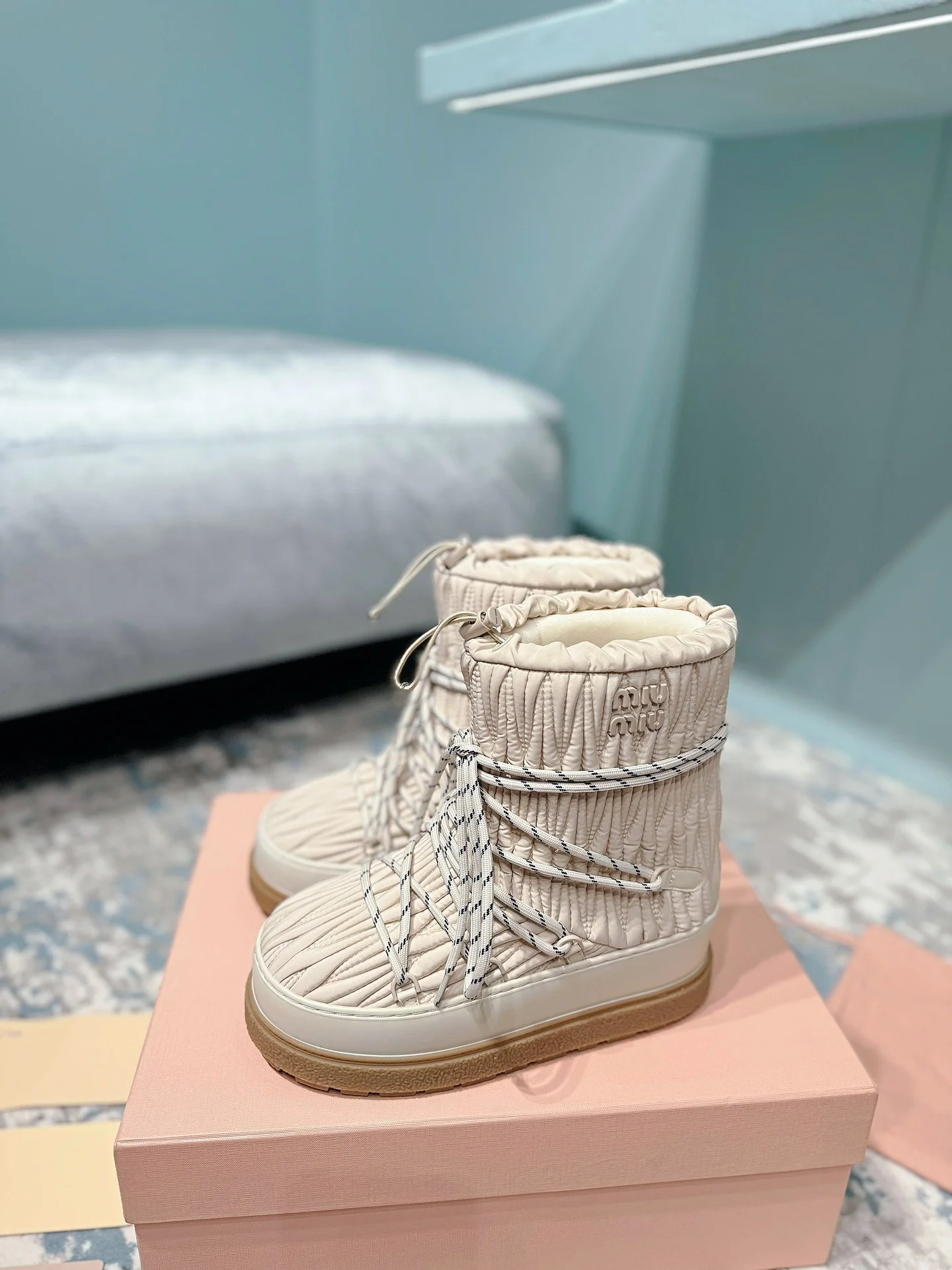 MIU MIU Boots Nylon Fur Cream-Black EU35-40 C40202609110240 - Image 5