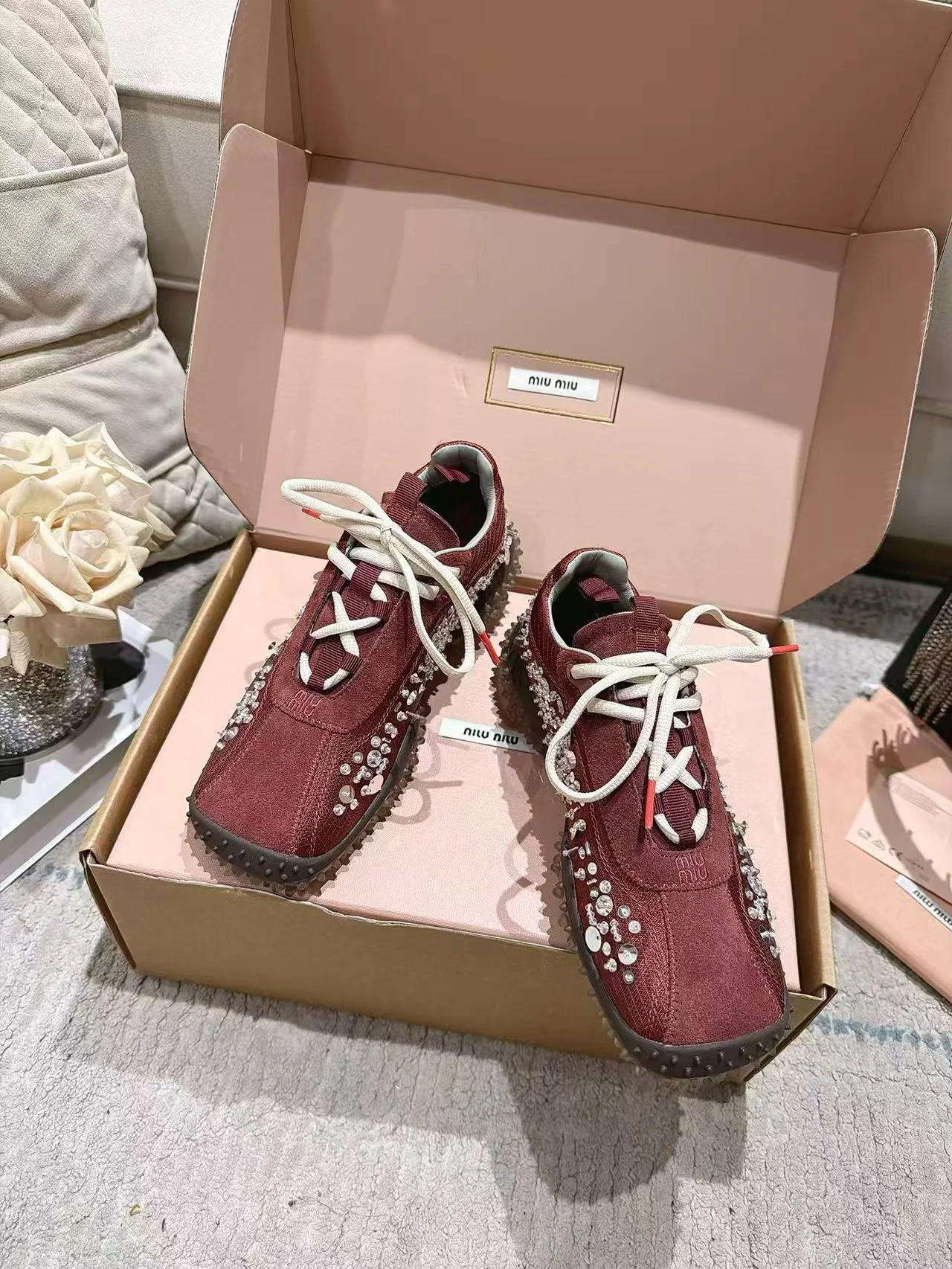 MIU MIU Sneakers Corduroy Suede Burgundy-White EU35-40 B90202609111852 - Image 2