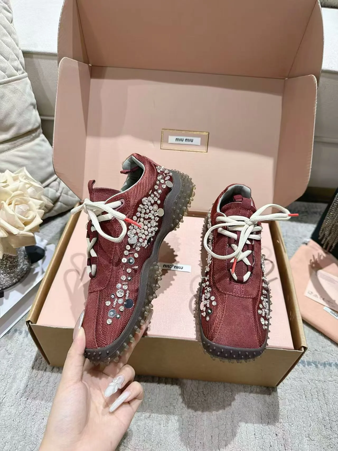 MIU MIU Sneakers Corduroy Suede Burgundy-White EU35-40 B90202609111852 - Image 5