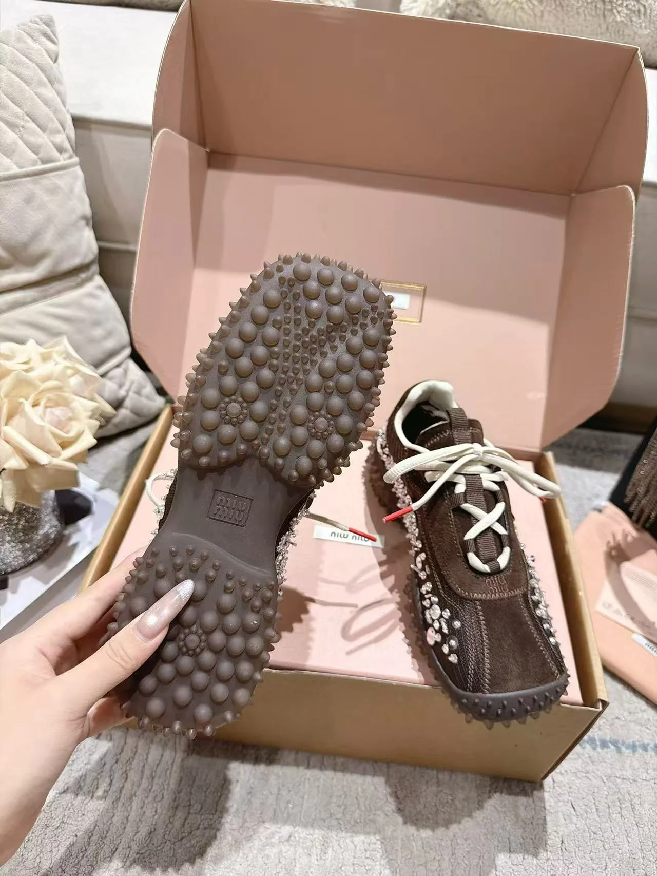 MIU MIU Sneakers Corduroy Suede Mesh Brown-Silver EU35-40 B90202609111851 - Image 3