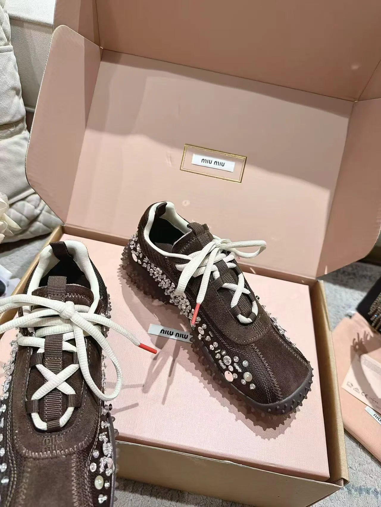MIU MIU Sneakers Corduroy Suede Mesh Brown-Silver EU35-40 B90202609111851 - Image 6