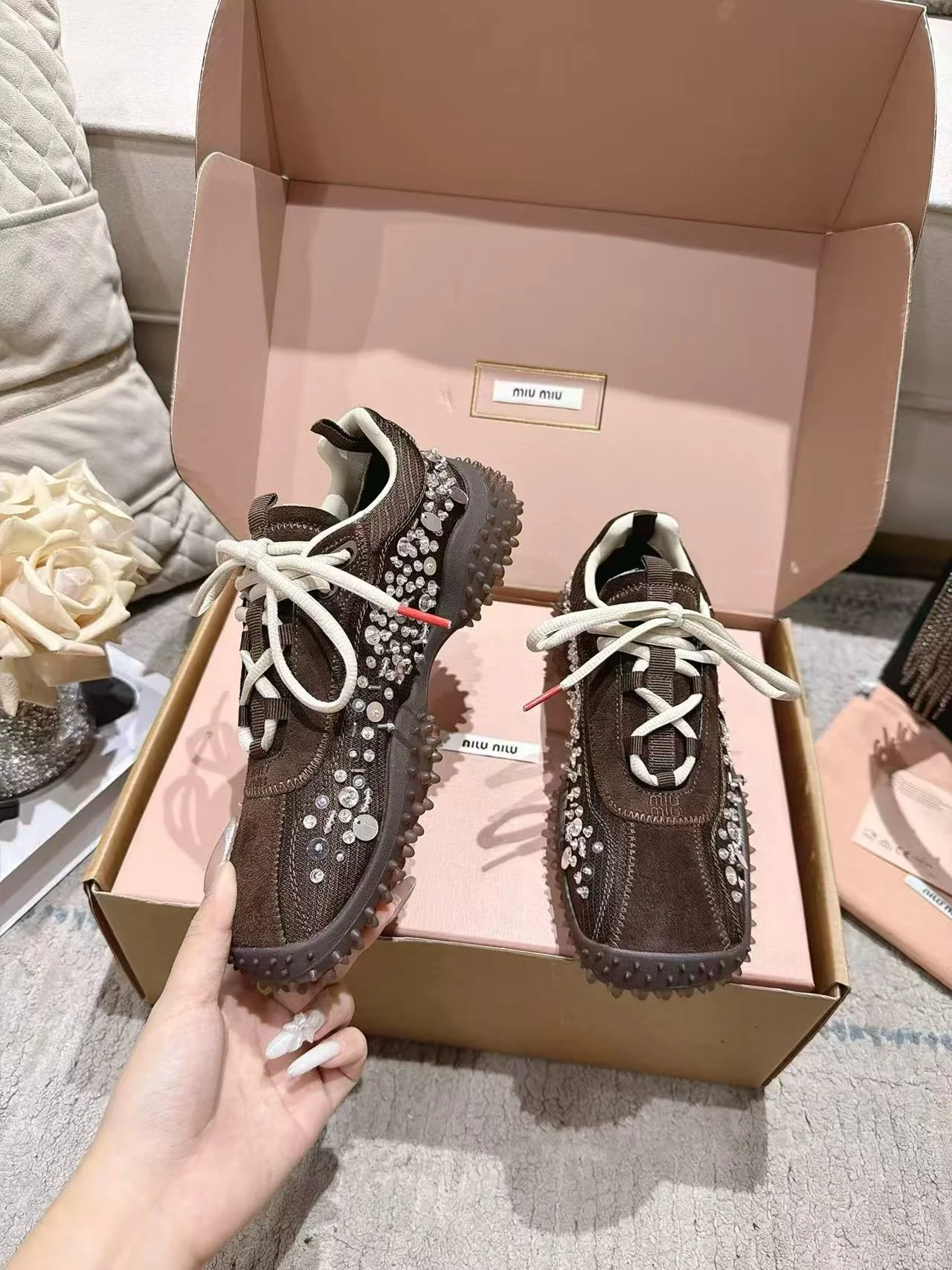 MIU MIU Sneakers Corduroy Suede Mesh Brown-Silver EU35-40 B90202609111851 - Image 7