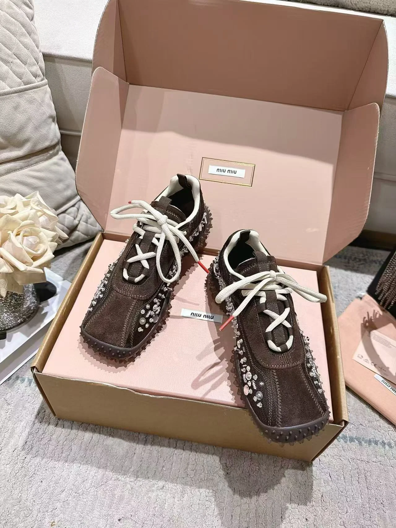 MIU MIU Sneakers Corduroy Suede Mesh Brown-Silver EU35-40 B90202609111851 - Image 8