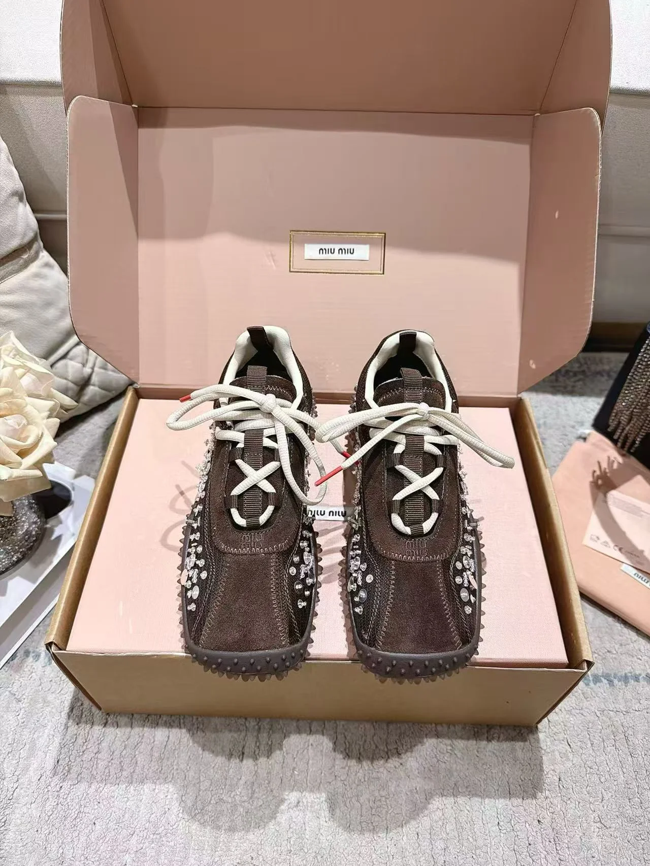 MIU MIU Sneakers Corduroy Suede Mesh Brown-Silver EU35-40 B90202609111851 - Image 9