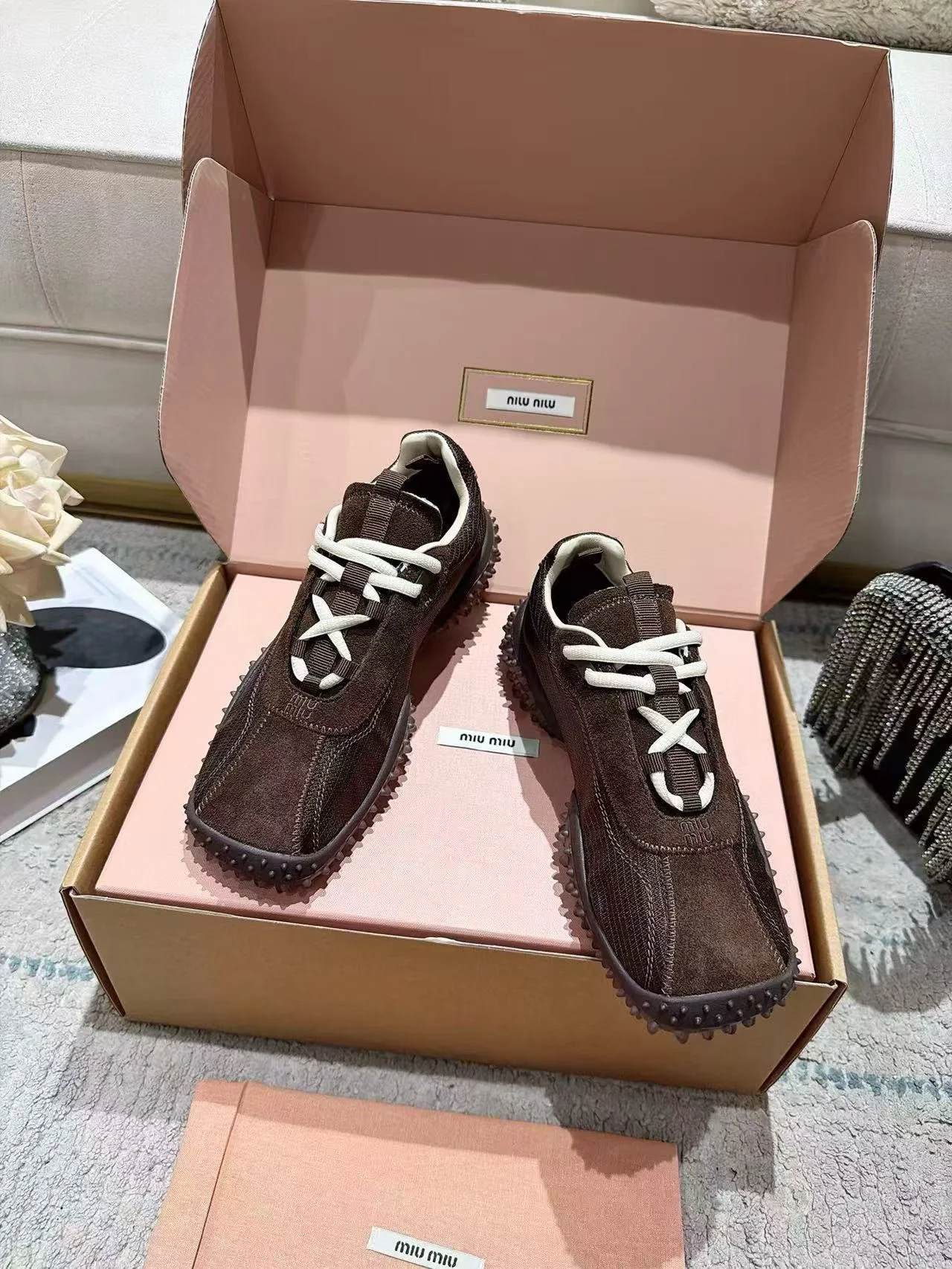 MIU MIU Sneakers Corduroy Suede Mesh Brown-White EU35-40 B60202609111855 - Image 2