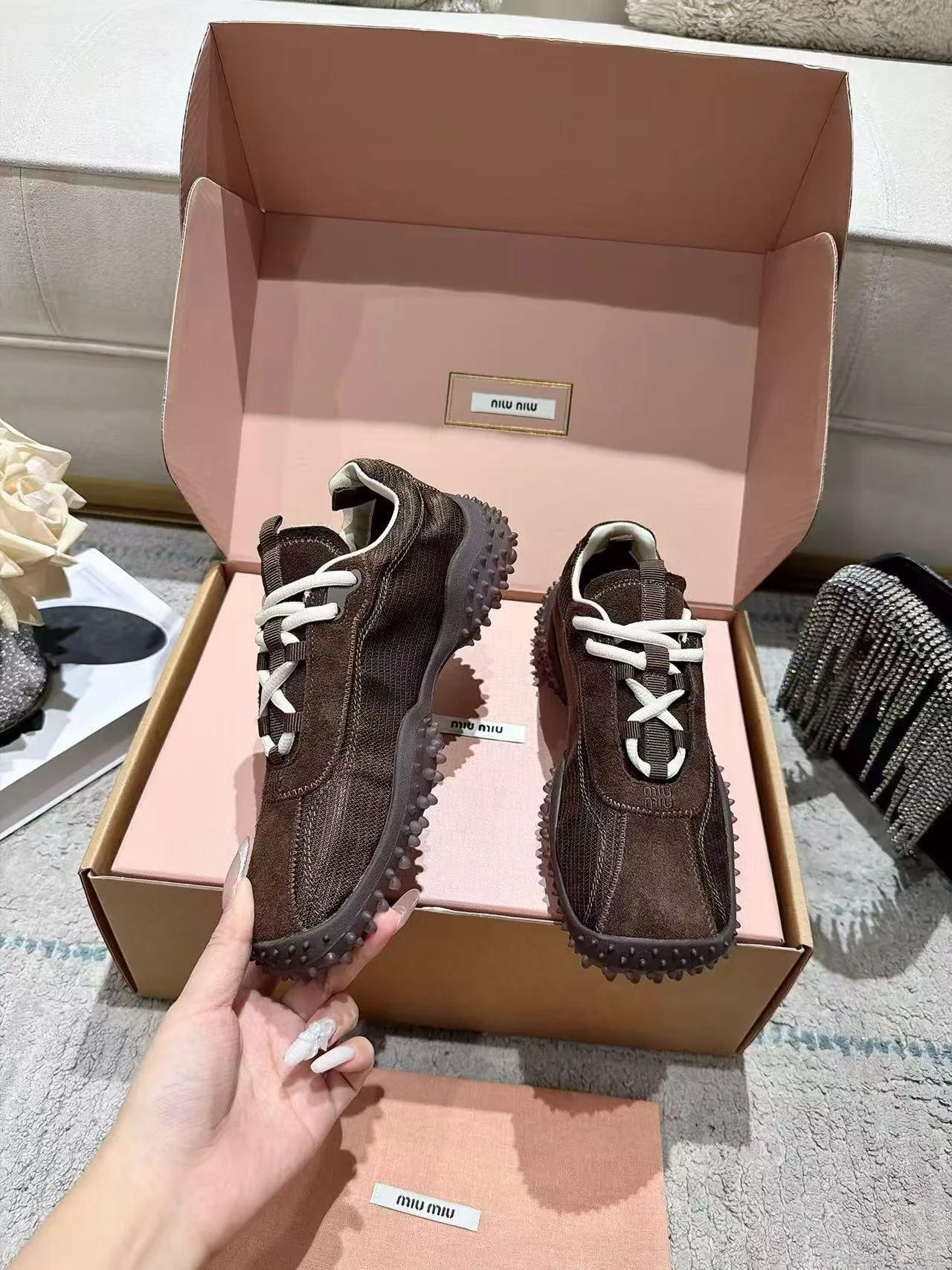 MIU MIU Sneakers Corduroy Suede Mesh Brown-White EU35-40 B60202609111855 - Image 3