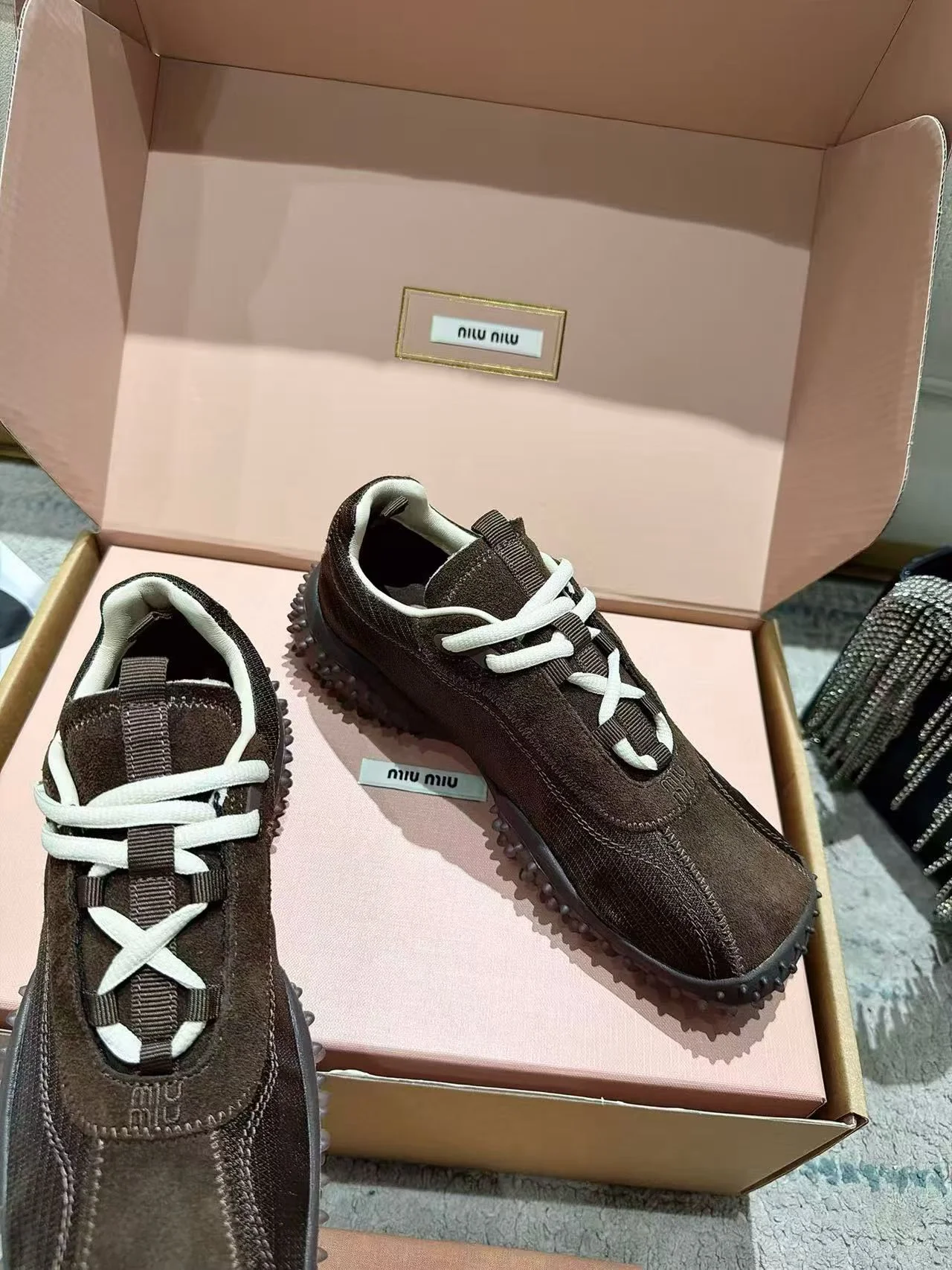 MIU MIU Sneakers Corduroy Suede Mesh Brown-White EU35-40 B60202609111855 - Image 4