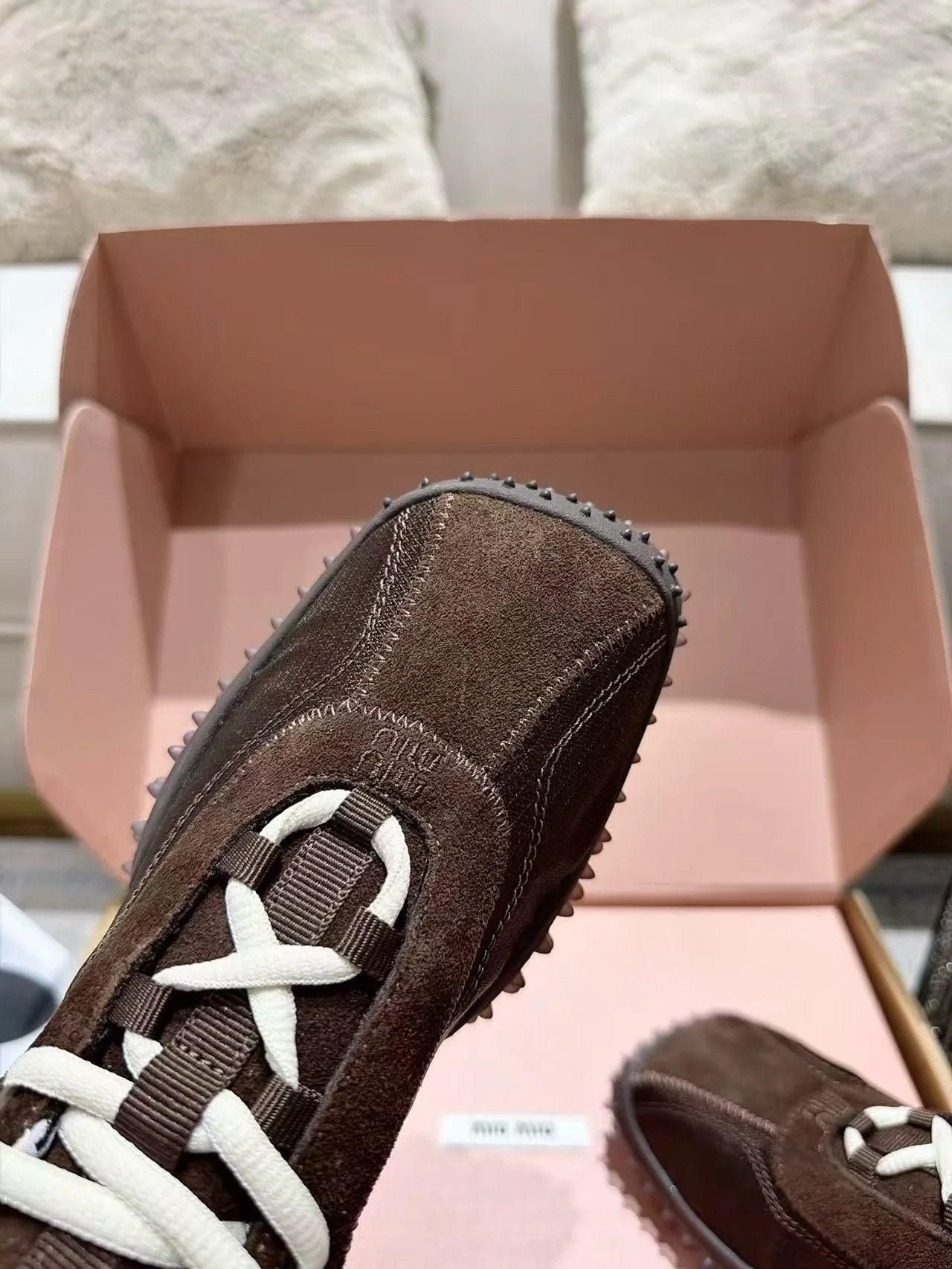 MIU MIU Sneakers Corduroy Suede Mesh Brown-White EU35-40 B60202609111855 - Image 5
