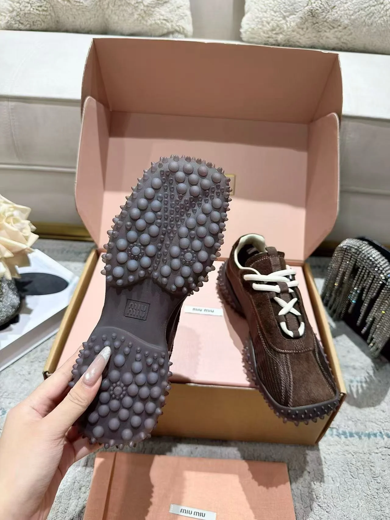 MIU MIU Sneakers Corduroy Suede Mesh Brown-White EU35-40 B60202609111855 - Image 6