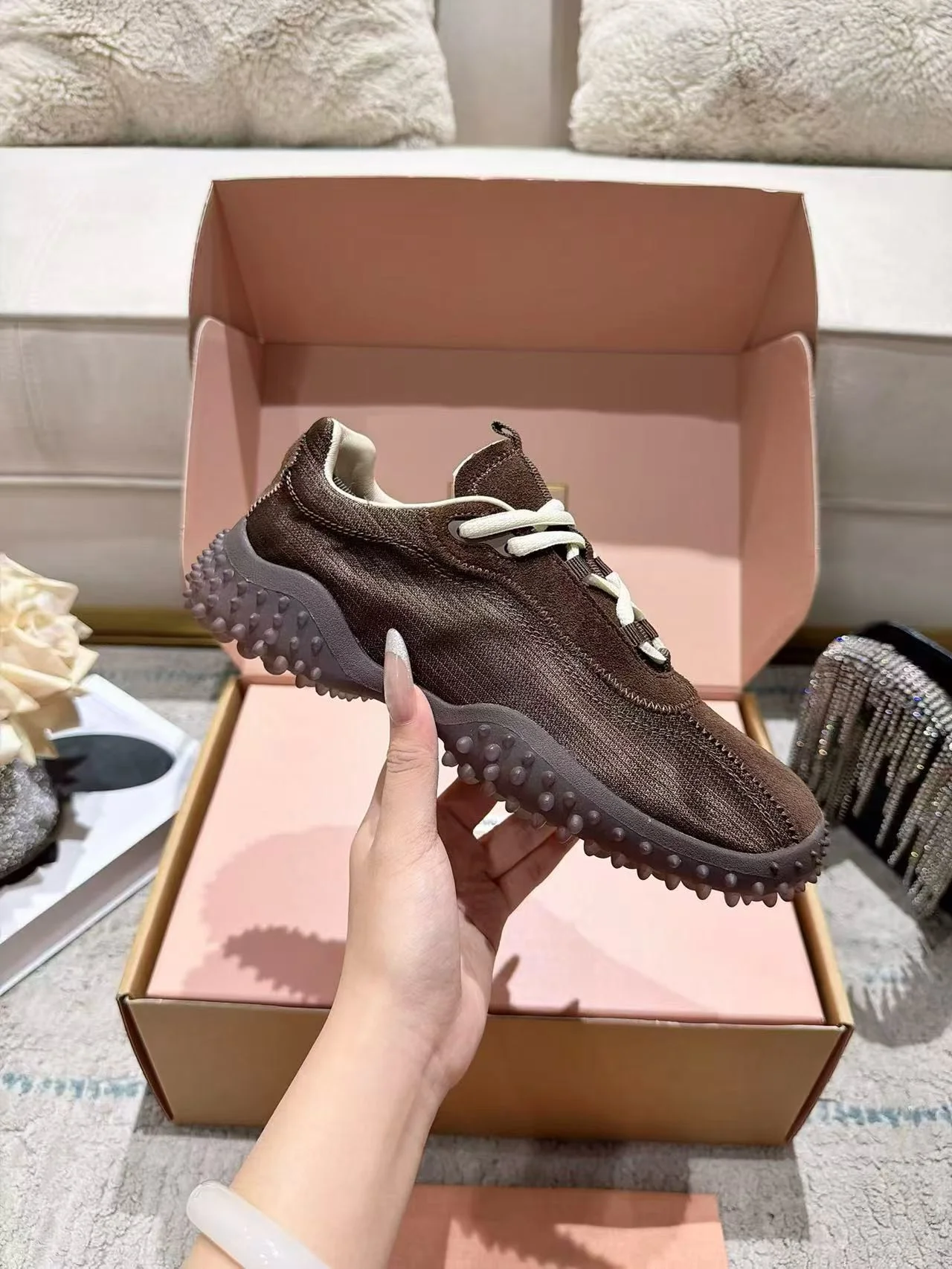 MIU MIU Sneakers Corduroy Suede Mesh Brown-White EU35-40 B60202609111855 - Image 8