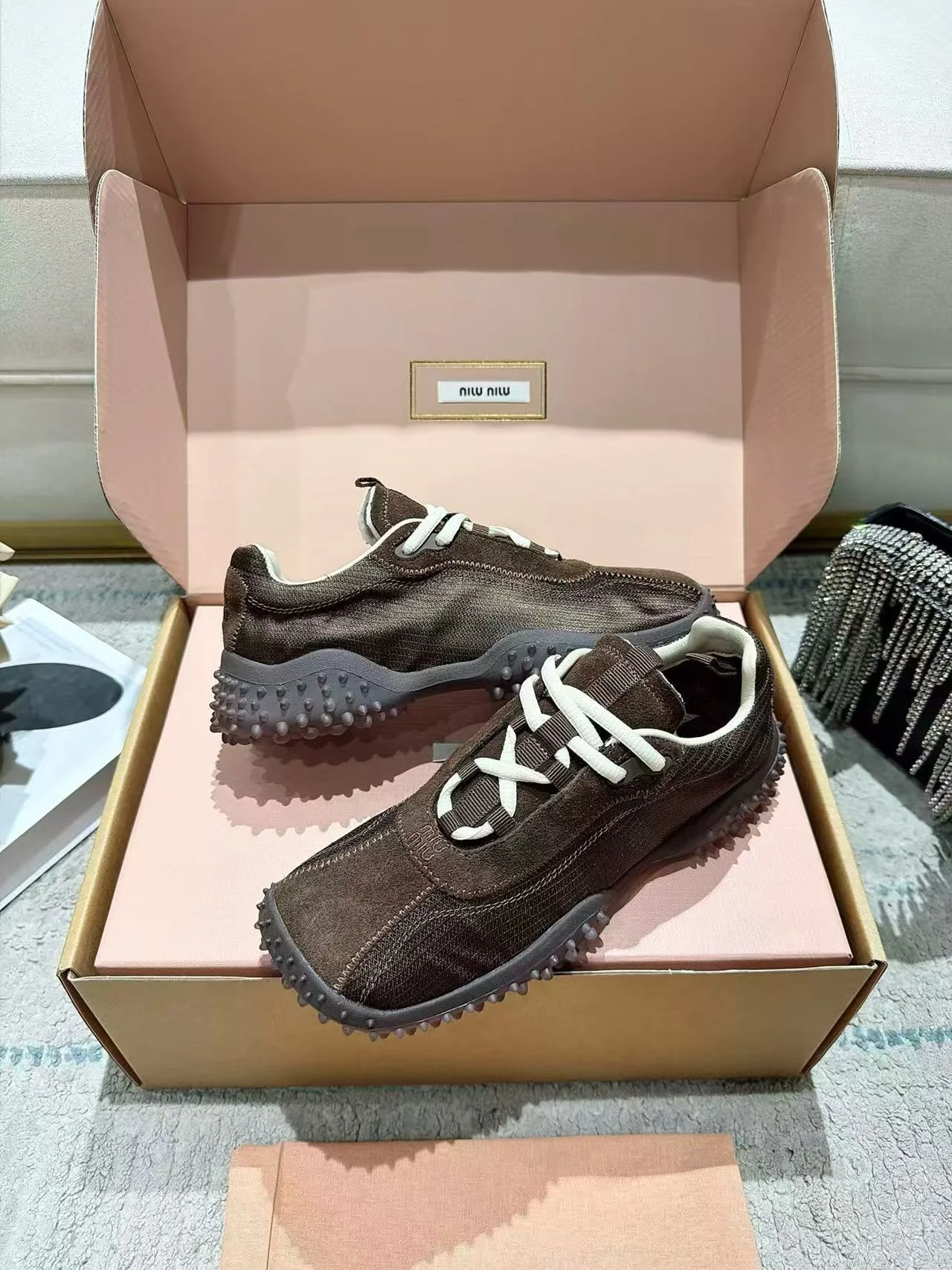 MIU MIU Sneakers Corduroy Suede Mesh Brown-White EU35-40 B60202609111855 - Image 9