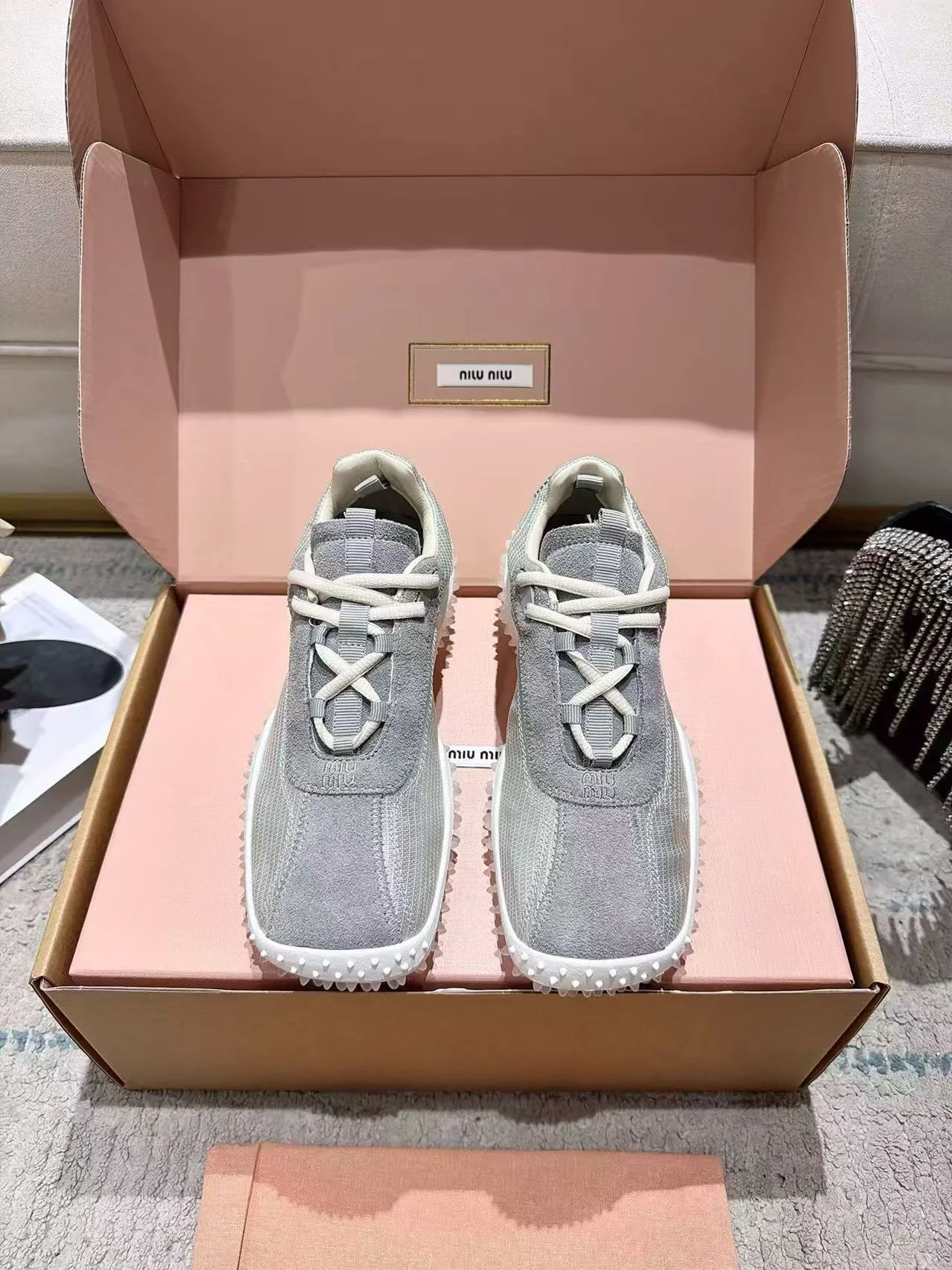 MIU MIU Sneakers Corduroy Suede Mesh Grey-White EU35-40 B60202609111854