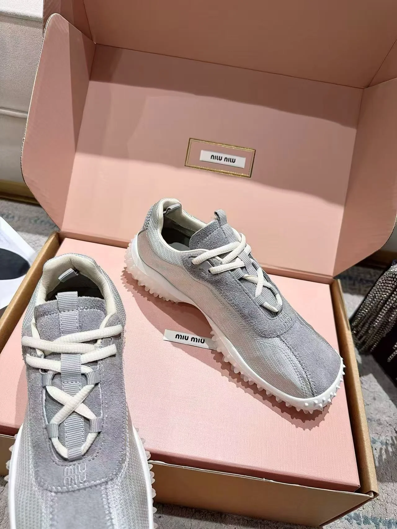 MIU MIU Sneakers Corduroy Suede Mesh Grey-White EU35-40 B60202609111854 - Image 3