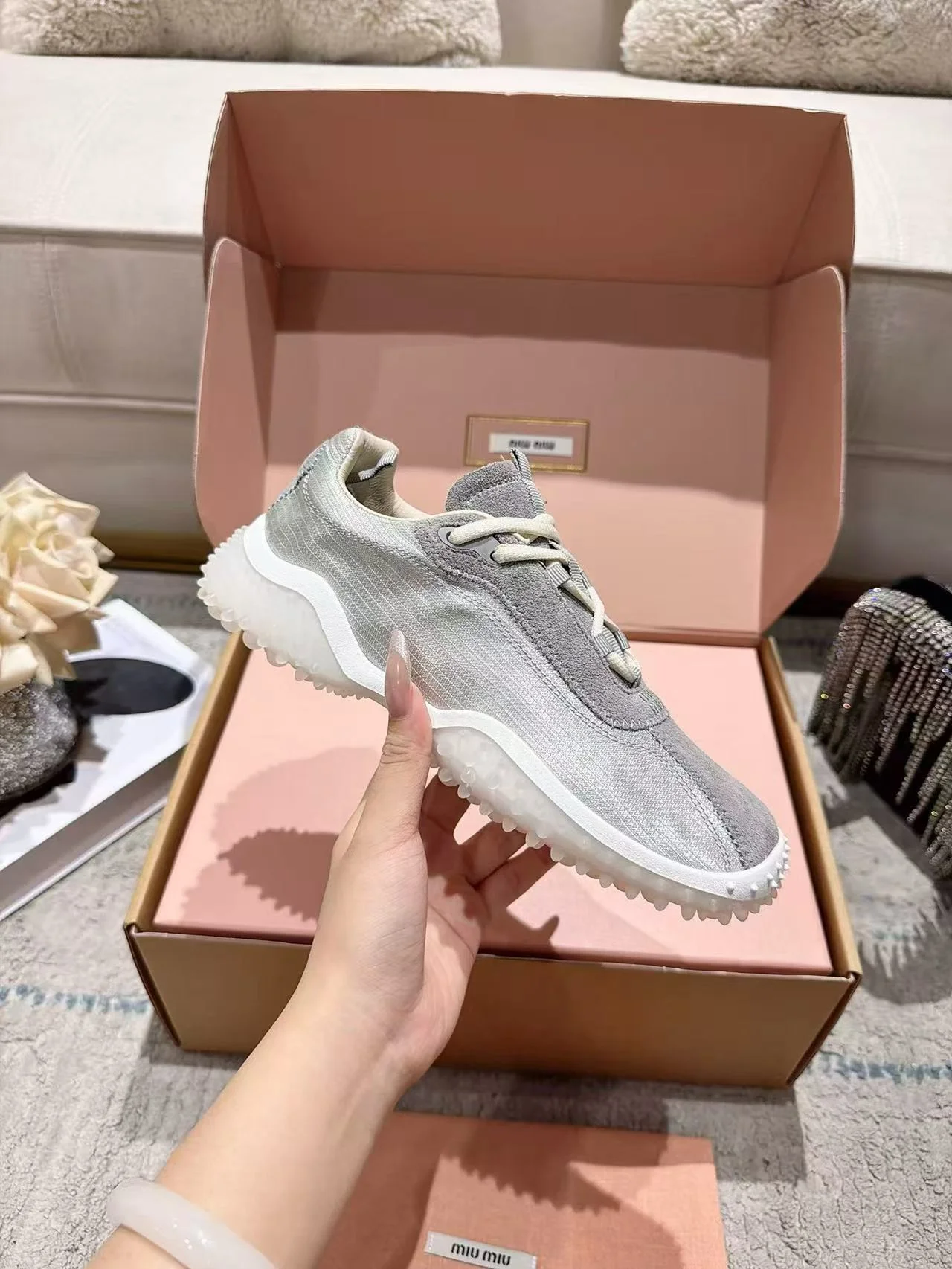MIU MIU Sneakers Corduroy Suede Mesh Grey-White EU35-40 B60202609111854 - Image 4