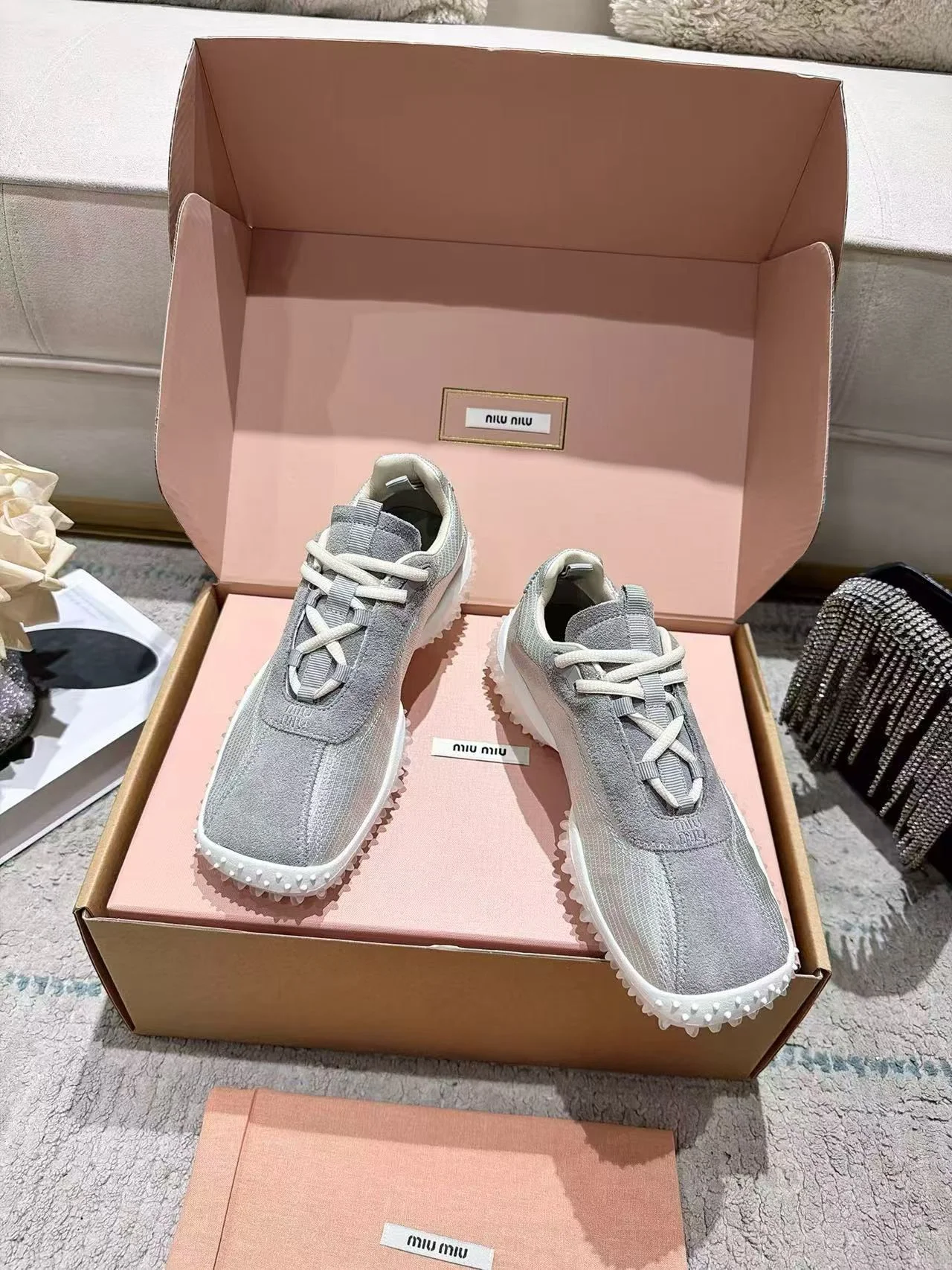 MIU MIU Sneakers Corduroy Suede Mesh Grey-White EU35-40 B60202609111854 - Image 5