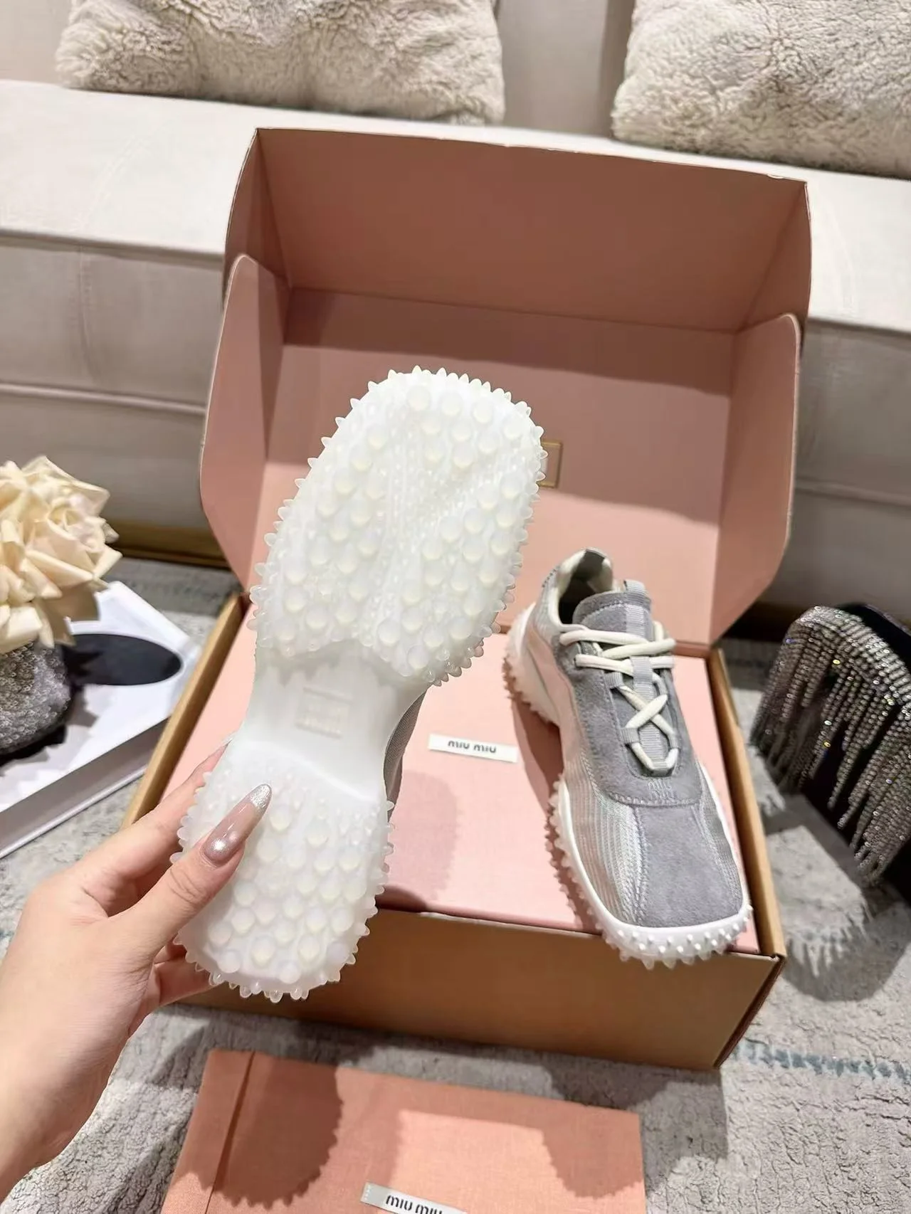 MIU MIU Sneakers Corduroy Suede Mesh Grey-White EU35-40 B60202609111854 - Image 7