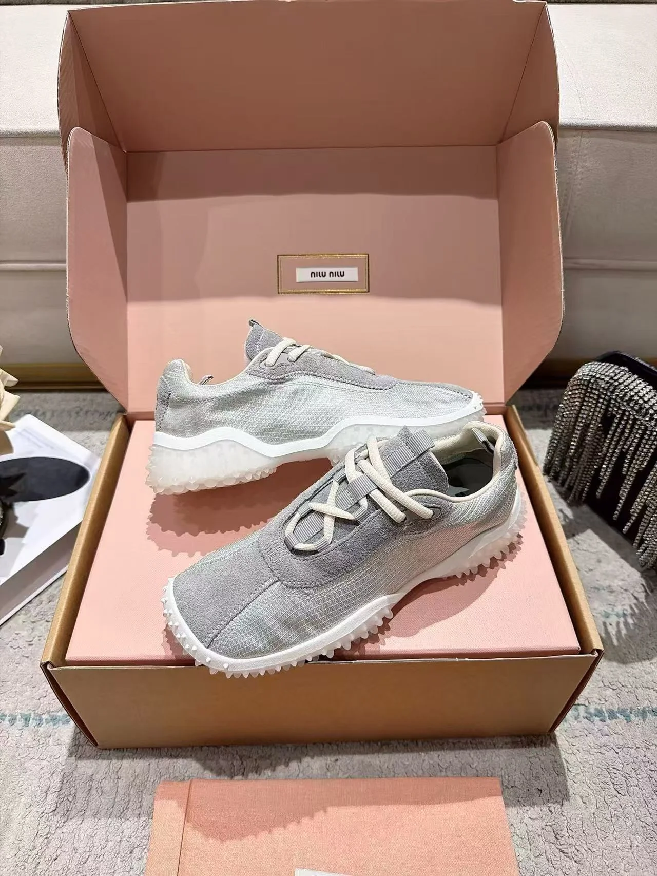 MIU MIU Sneakers Corduroy Suede Mesh Grey-White EU35-40 B60202609111854 - Image 9