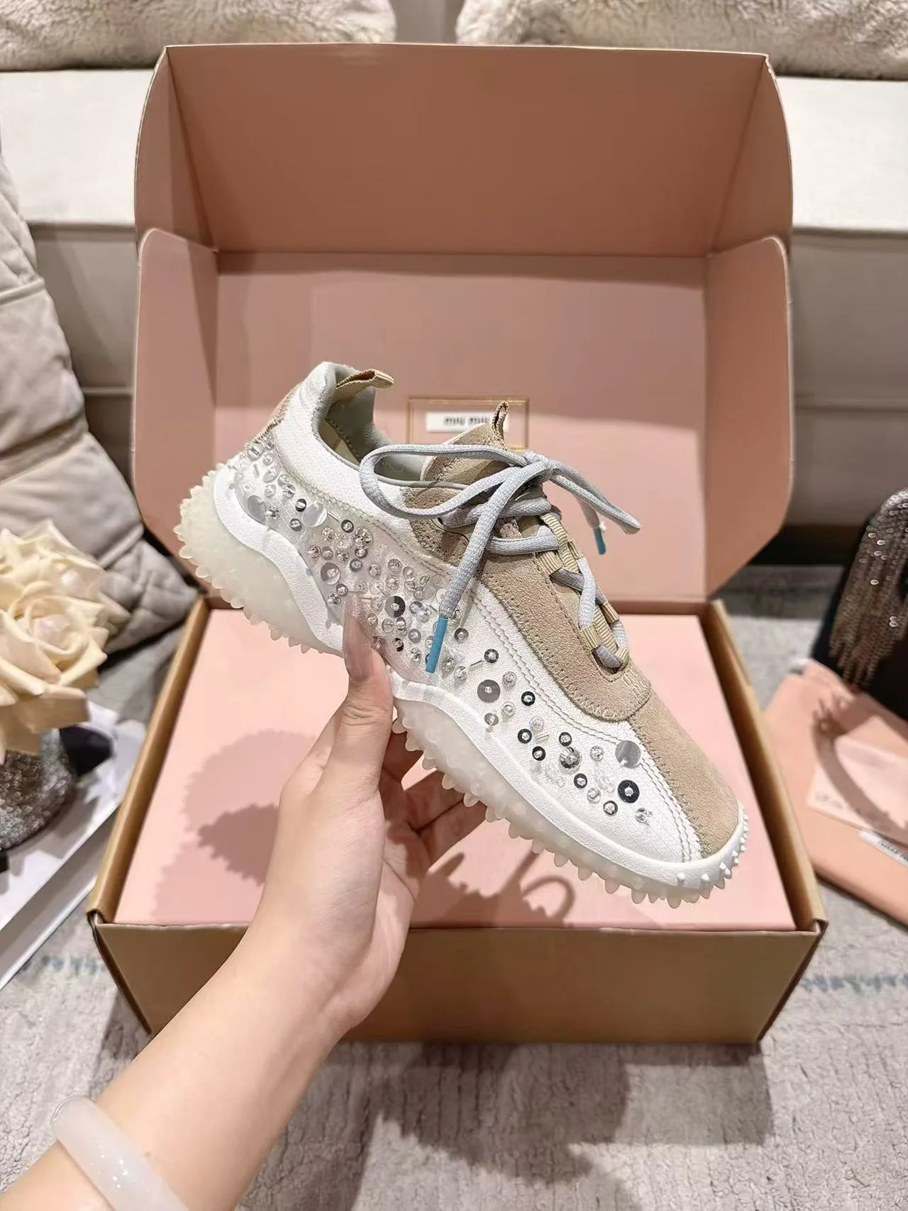 MIU MIU Sneakers Corduroy Suede Mesh White-Beige EU35-40 B90202609111850