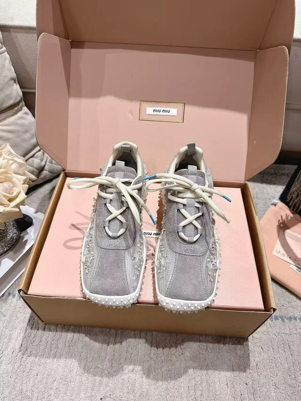 MIU MIU Sneakers Corduroy Suede Mesh White-Beige EU35-40 B90202609111850 - Image 2