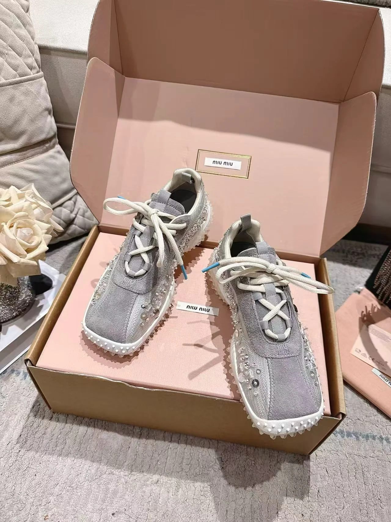 MIU MIU Sneakers Corduroy Suede Mesh White-Beige EU35-40 B90202609111850 - Image 3