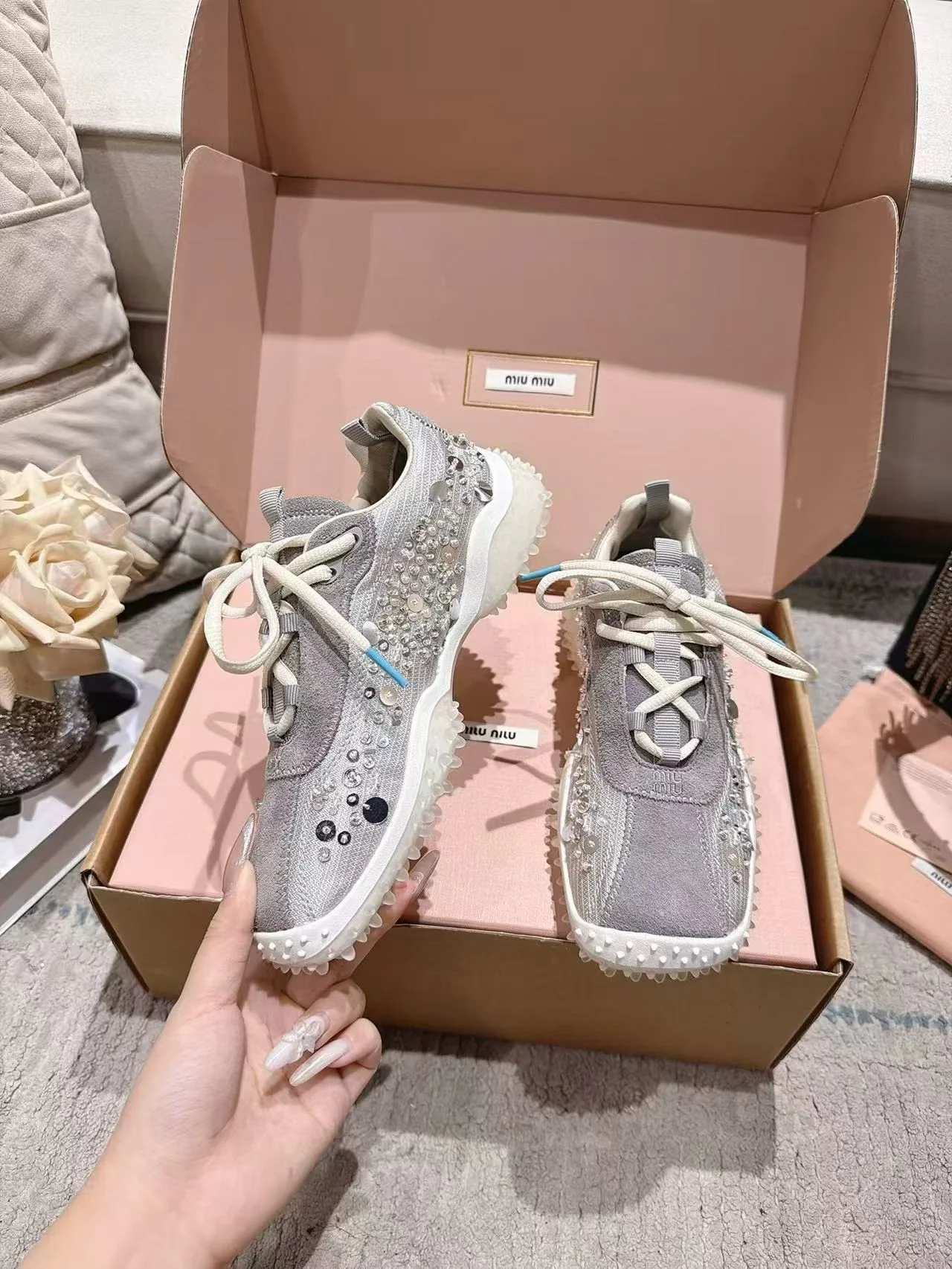 MIU MIU Sneakers Corduroy Suede Mesh White-Beige EU35-40 B90202609111850 - Image 4