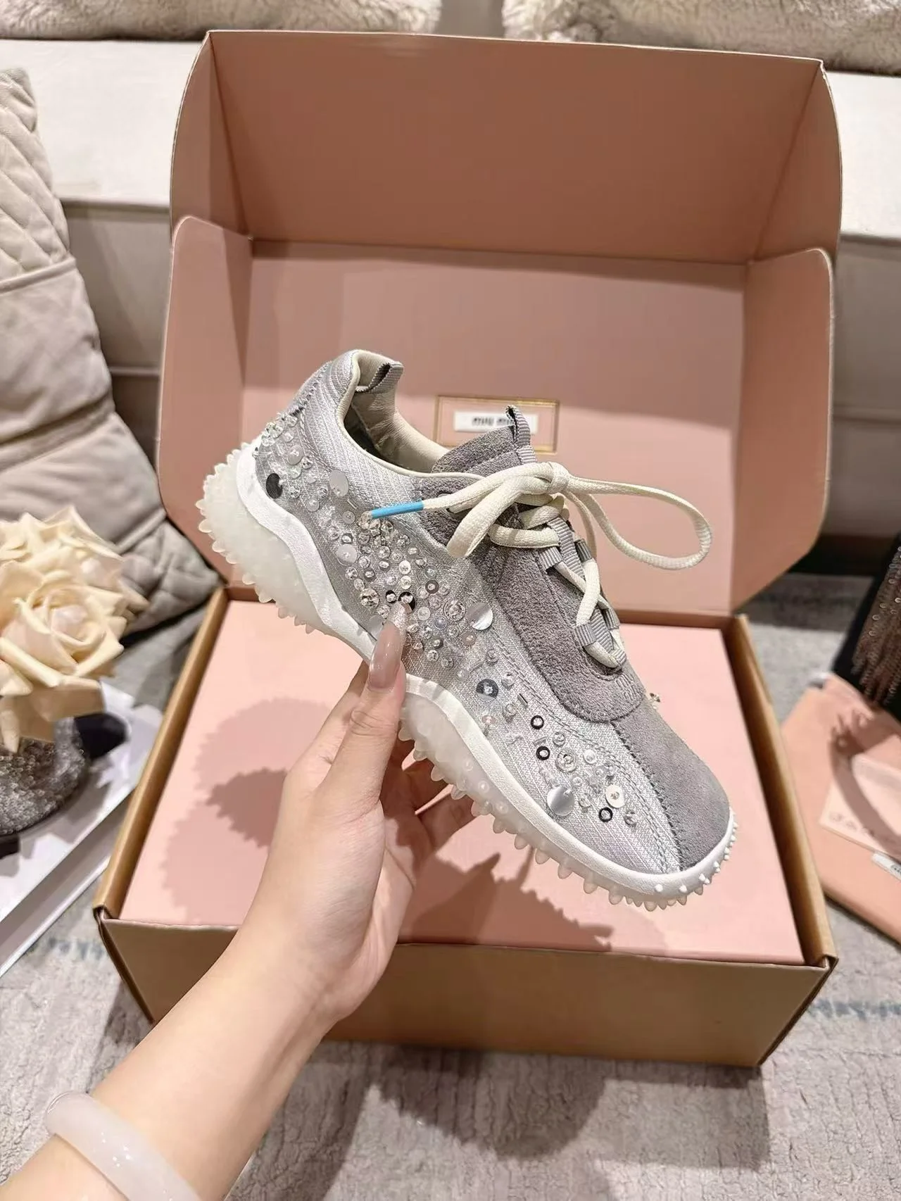 MIU MIU Sneakers Corduroy Suede Mesh White-Beige EU35-40 B90202609111850 - Image 6