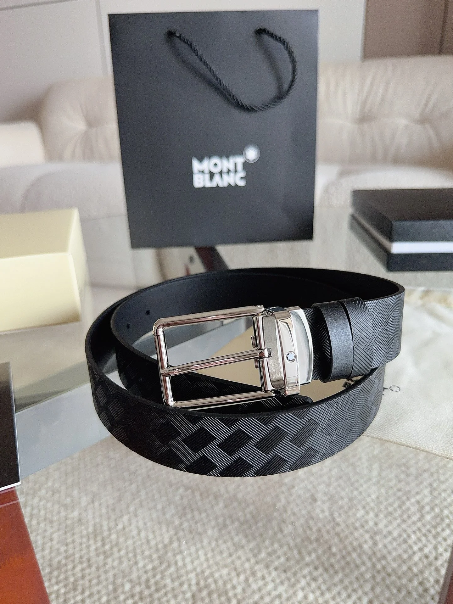 MONTBLANC Belts Cowhide Leather Black-Silver 35mm Width A70202609070083