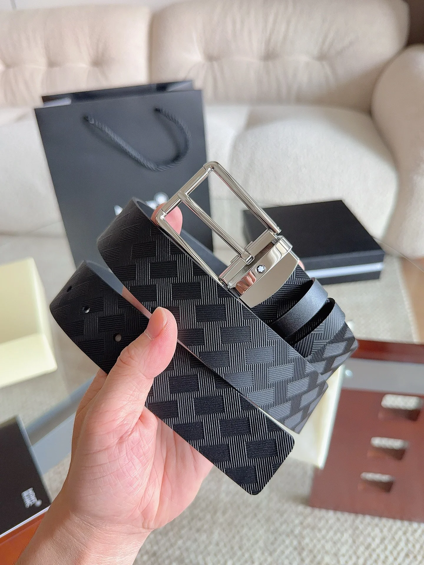 MONTBLANC Belts Cowhide Leather Black-Silver 35mm Width A70202609070083 - Image 2