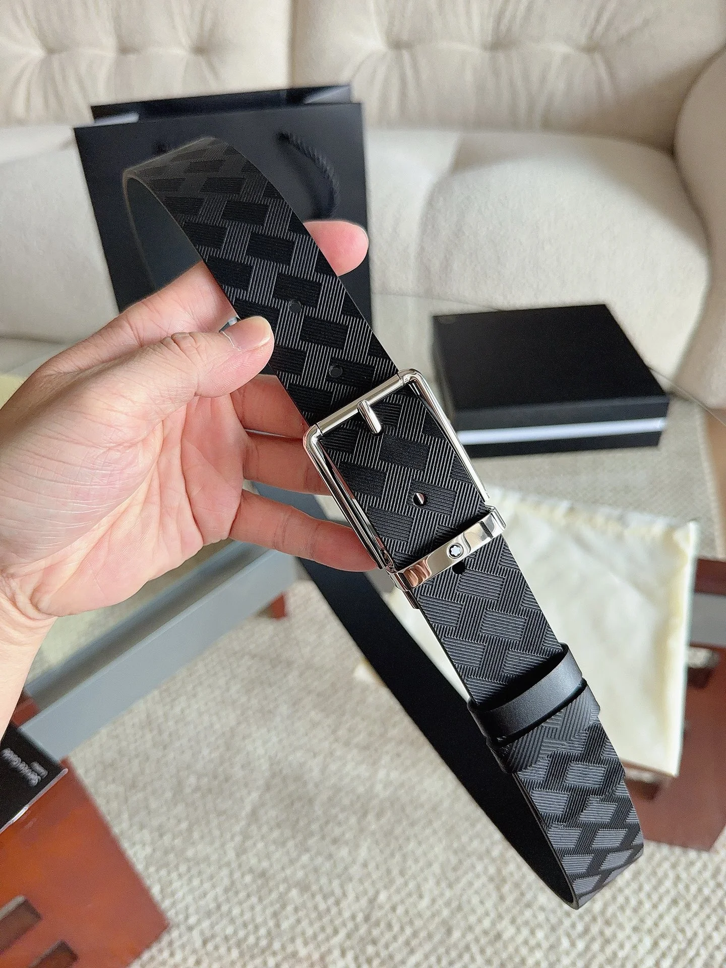 MONTBLANC Belts Cowhide Leather Black-Silver 35mm Width A70202609070083 - Image 3