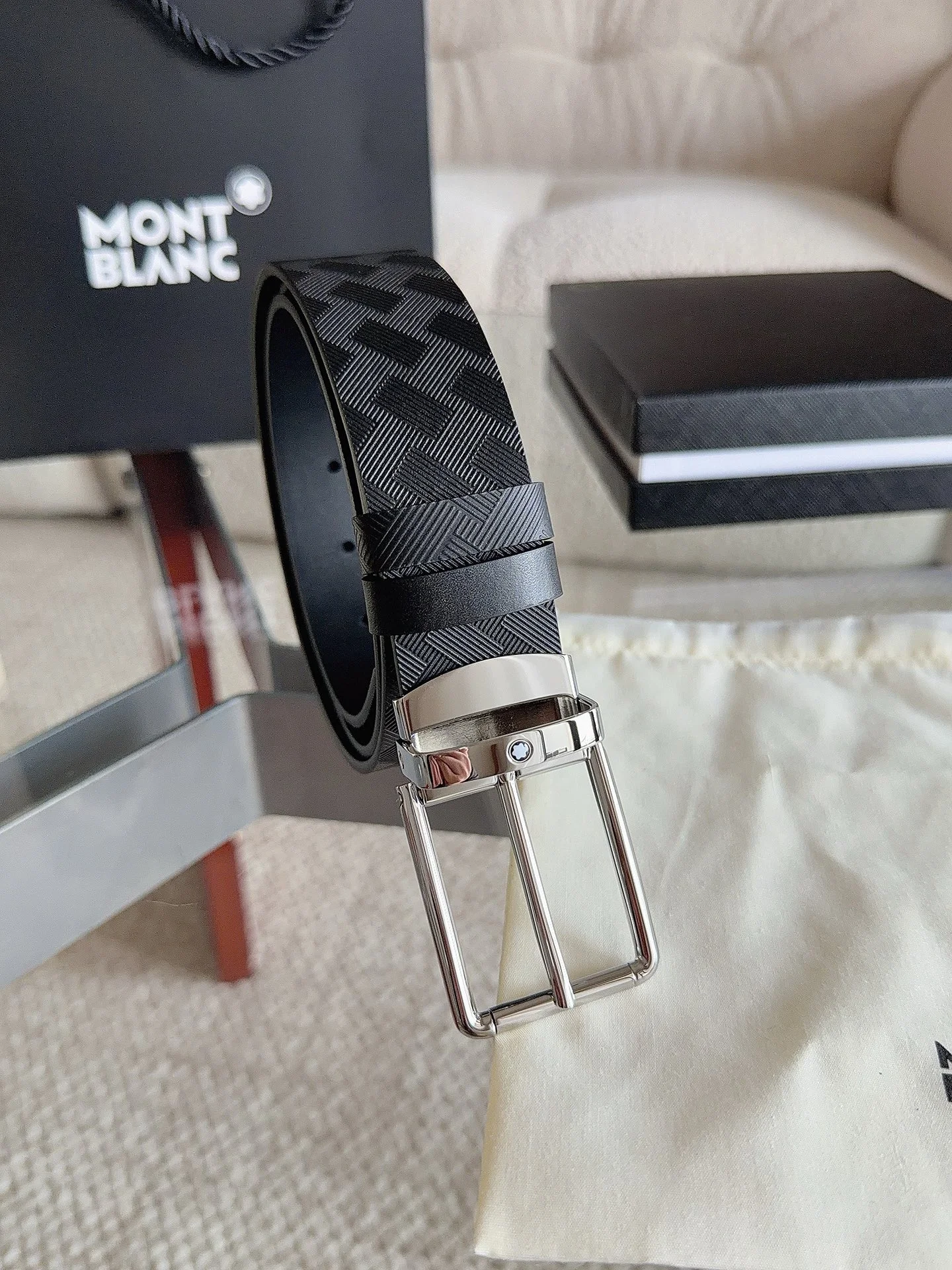 MONTBLANC Belts Cowhide Leather Black-Silver 35mm Width A70202609070083 - Image 5