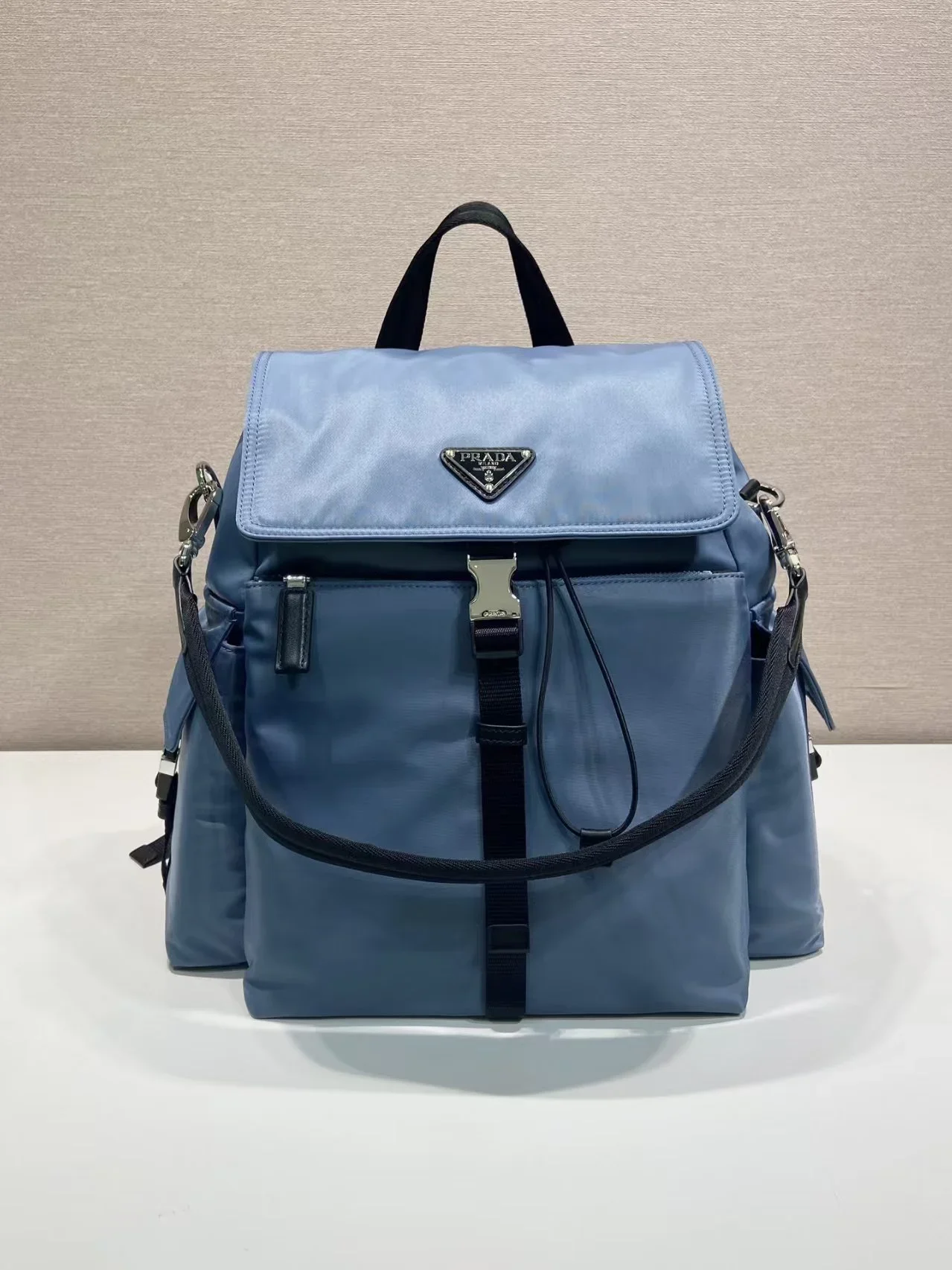 PRADA Backpacks Bags Recycled Nylon Leather Blue-Black 39X37X20CM F20202609090316