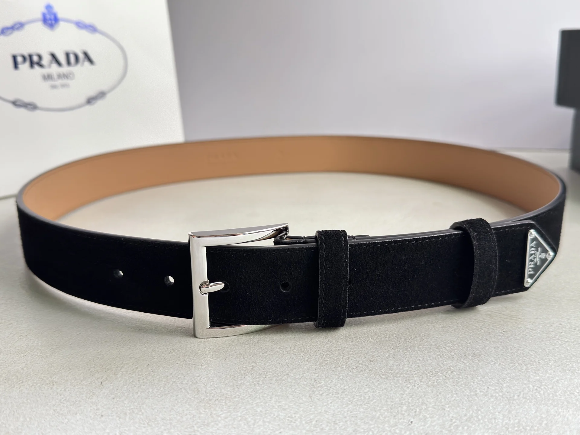 PRADA Belts Deerskin Suede Black-Silver A80202609070458