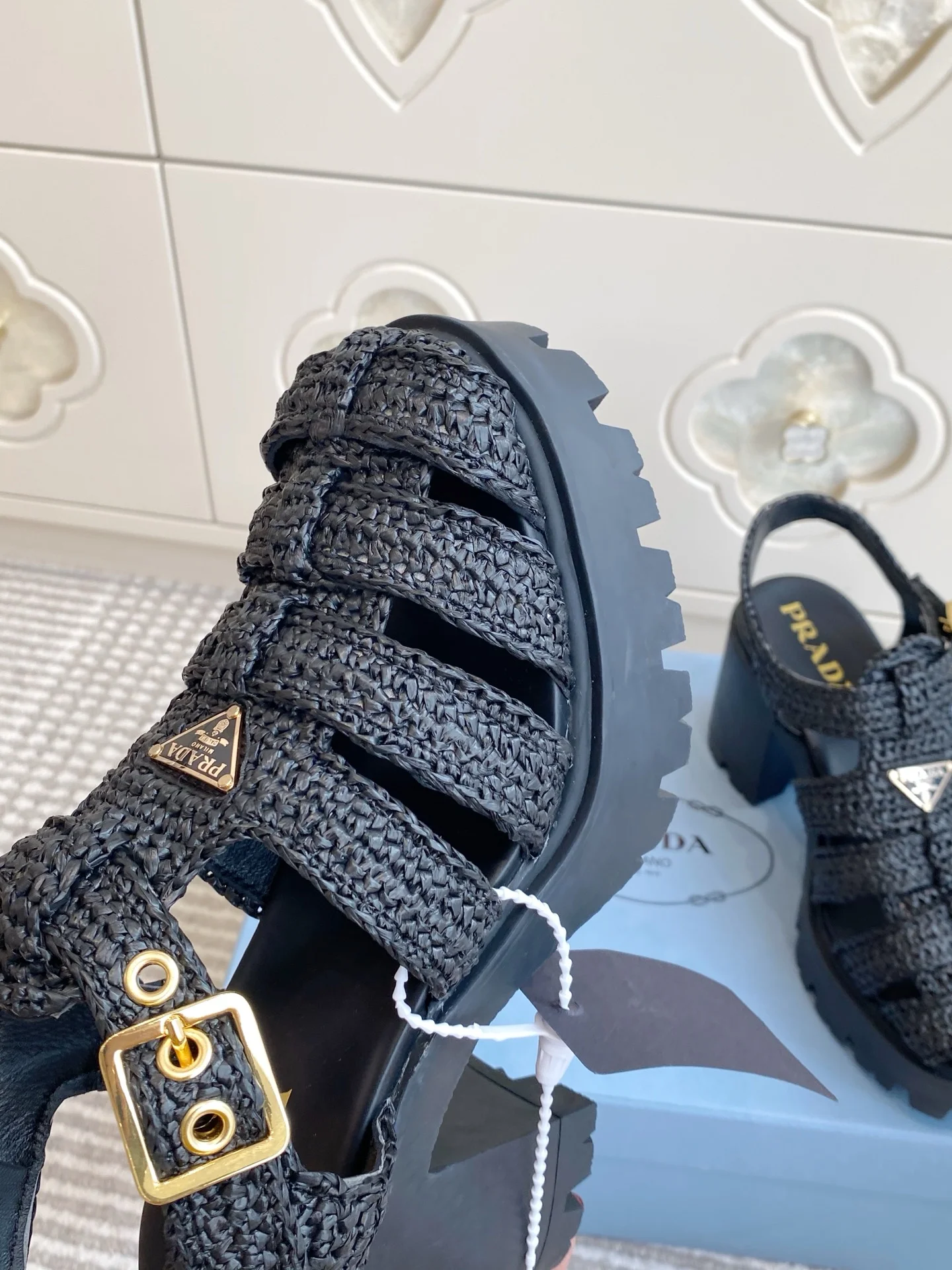 PRADA Sandals Raffia Black-Gold EU35-40 C40202609110550 - Image 7