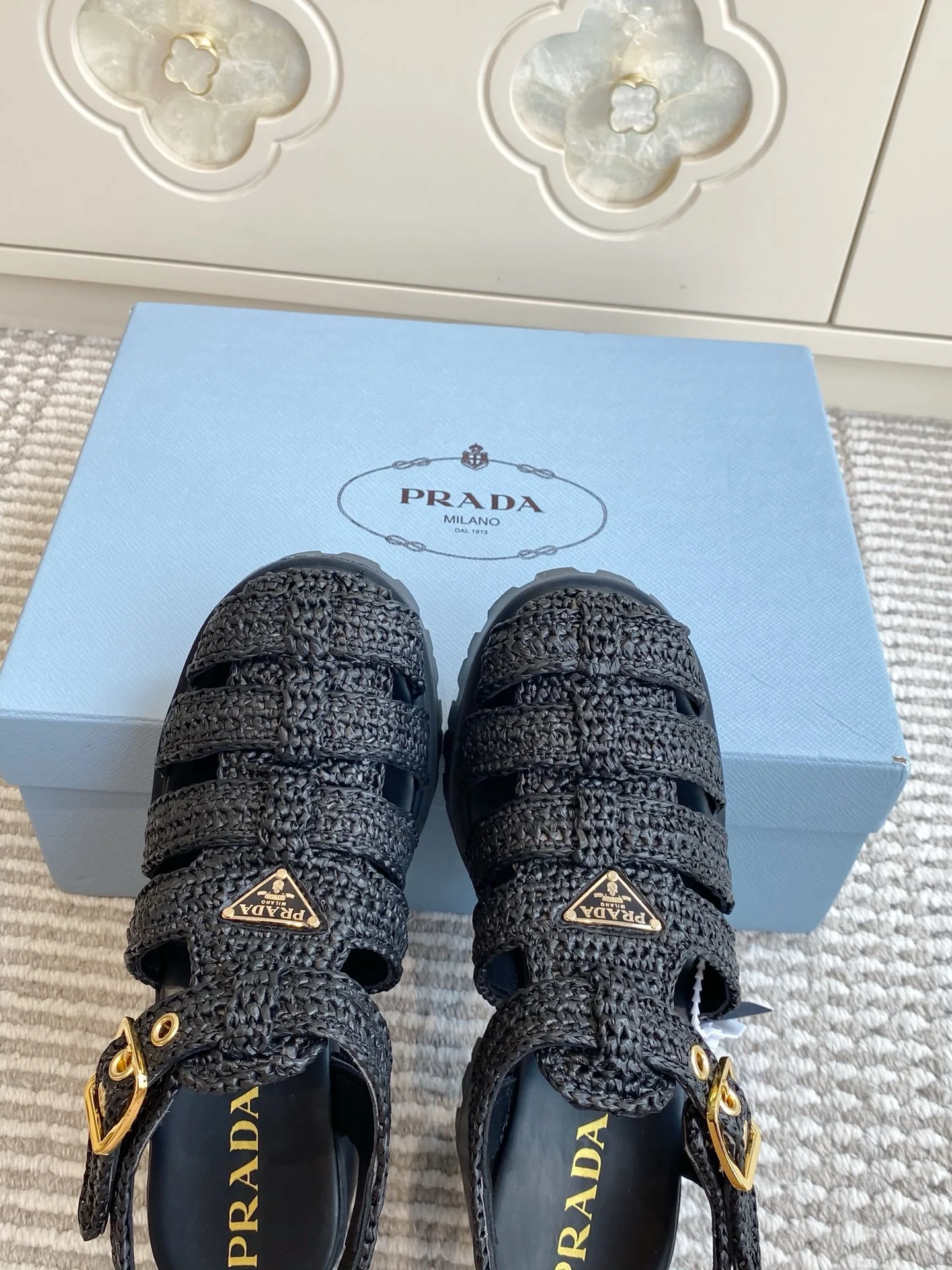 PRADA Sandals Raffia Black-Gold EU35-40 C40202609110550 - Image 8