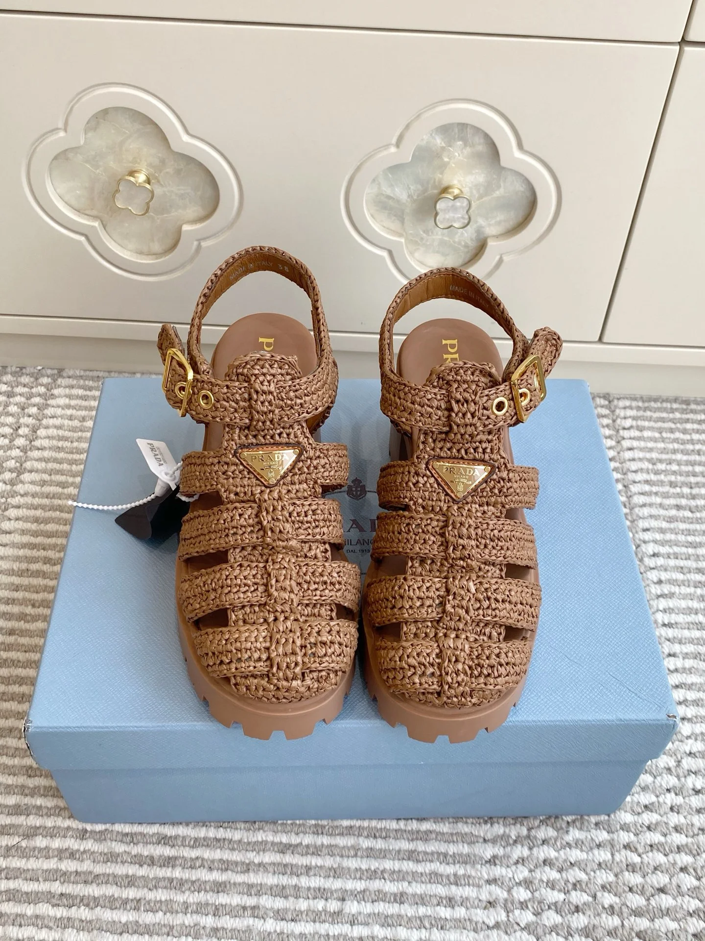 PRADA Sandals Raffia Brown EU35-40 C40202609110549 - Image 4