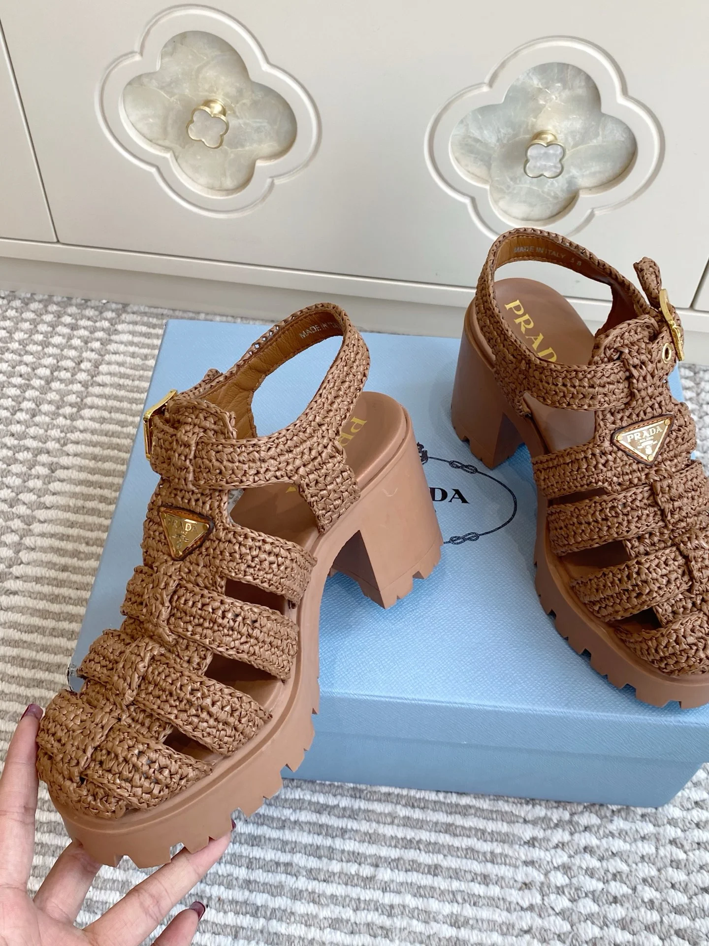 PRADA Sandals Raffia Brown EU35-40 C40202609110549 - Image 6