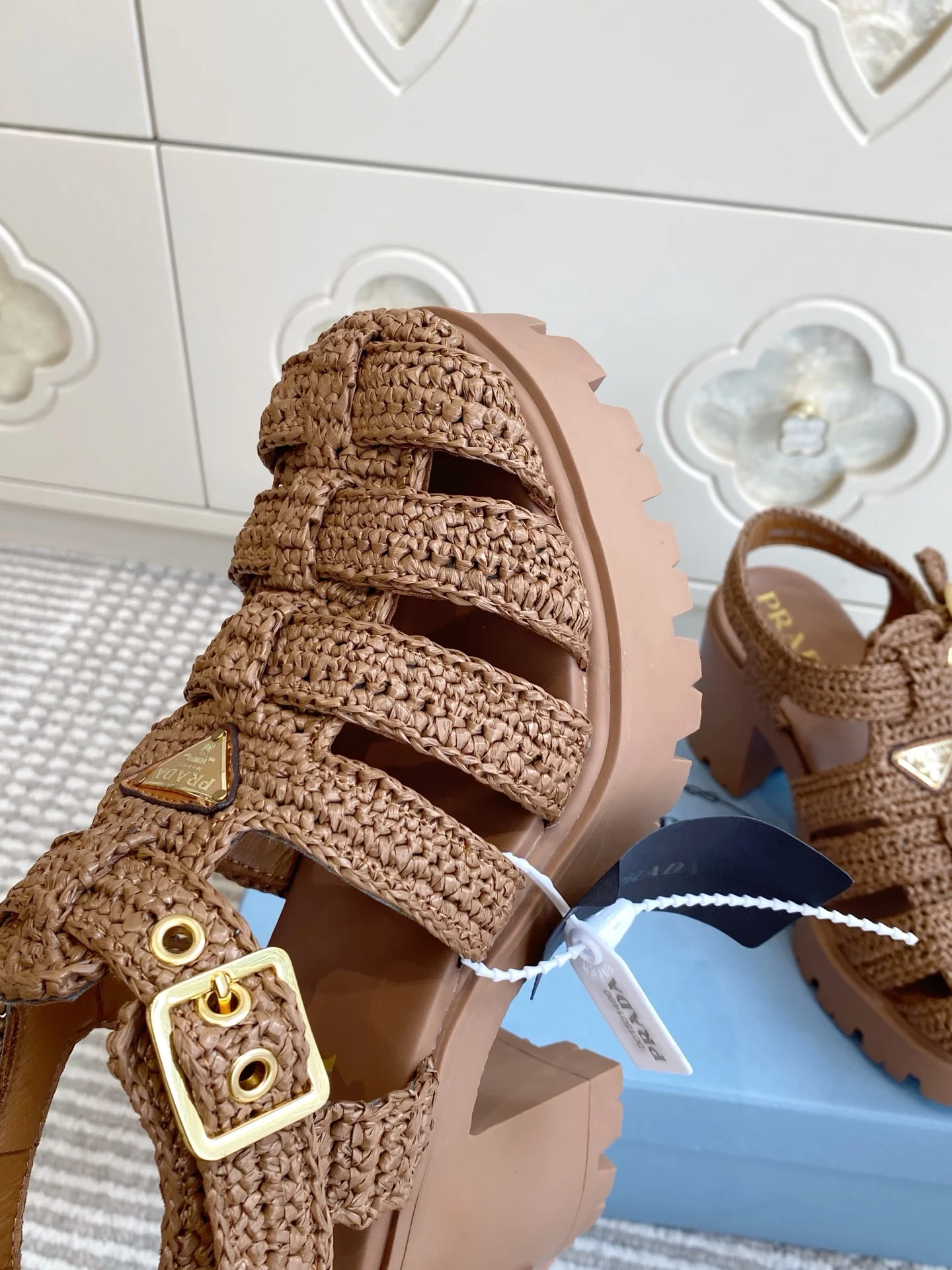 PRADA Sandals Raffia Brown EU35-40 C40202609110549 - Image 7