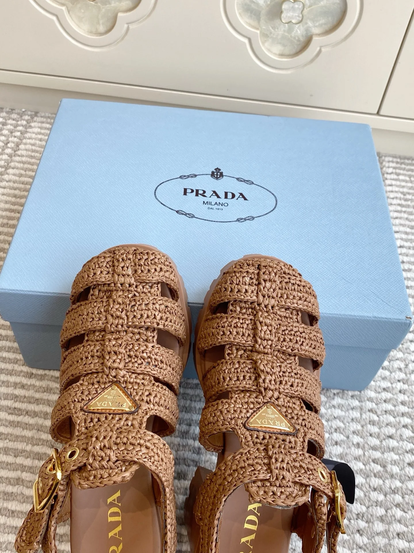 PRADA Sandals Raffia Brown EU35-40 C40202609110549 - Image 8