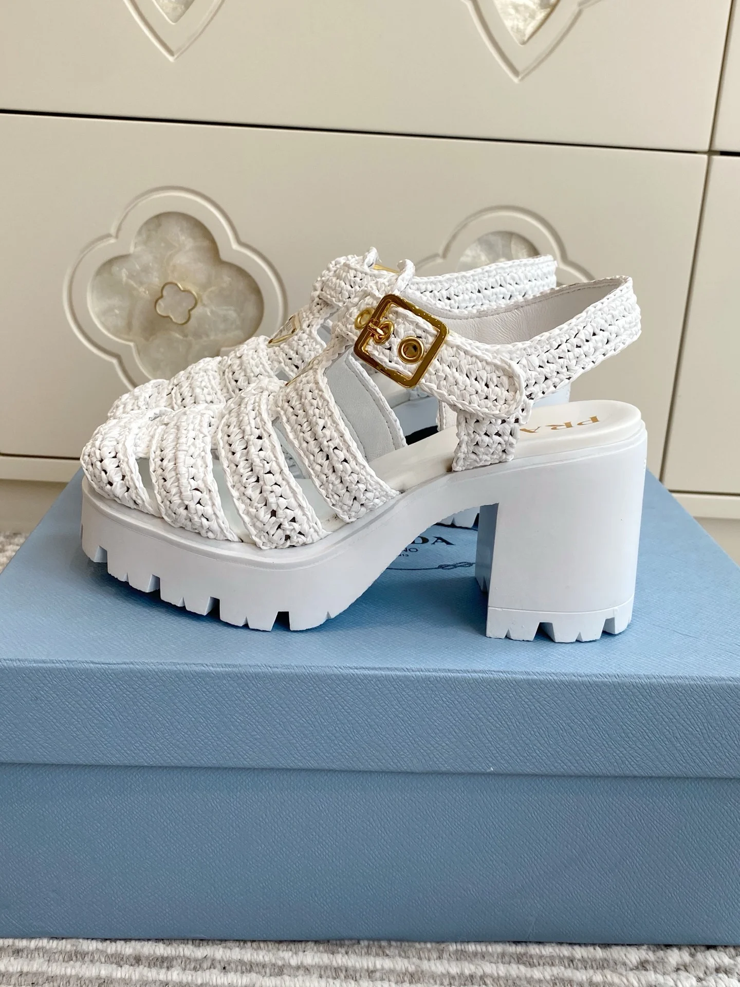 PRADA Sandals Raffia White-Gold EU35-40 C40202609110551 - Image 5